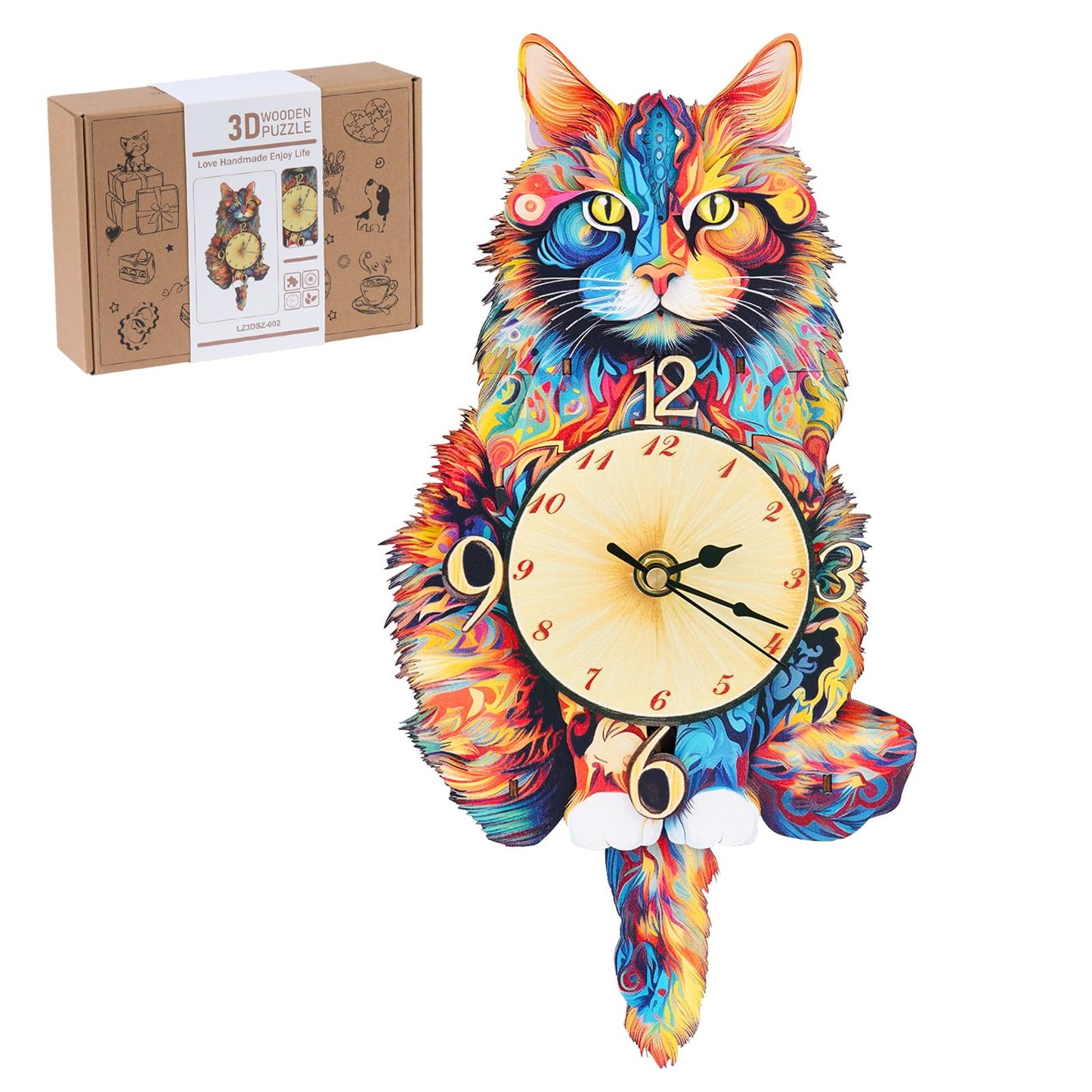 Rnfinewow 3D Wooden Puzzles for Adults, Maine Coon Cat Clock DIY Kit, Beginner 22 Pcs Wooden Puzzles, Creative Gift Ideas for Adults Teens