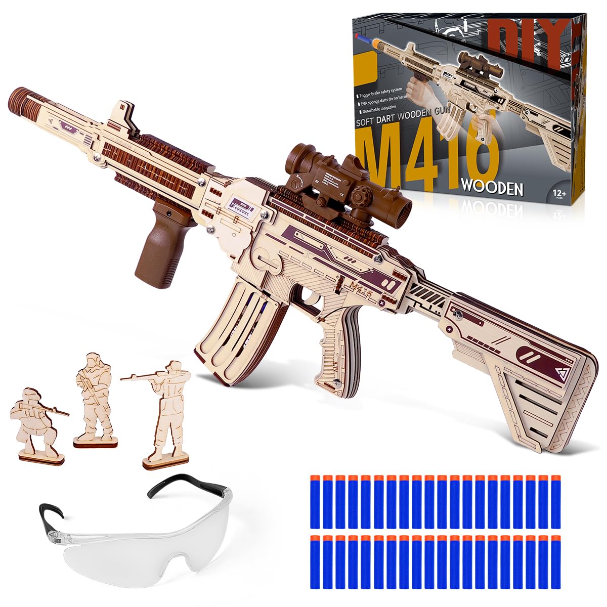 VATOS Wooden Gun Puzzles, 3D Wood Puzzles Gun for Adult with Foam Soft Bullet, Electric Wooden M416 Rifle Puzzle Toy Model, Wood Puzzle DIY Building Kits for Adult Christmas Birthday Gift