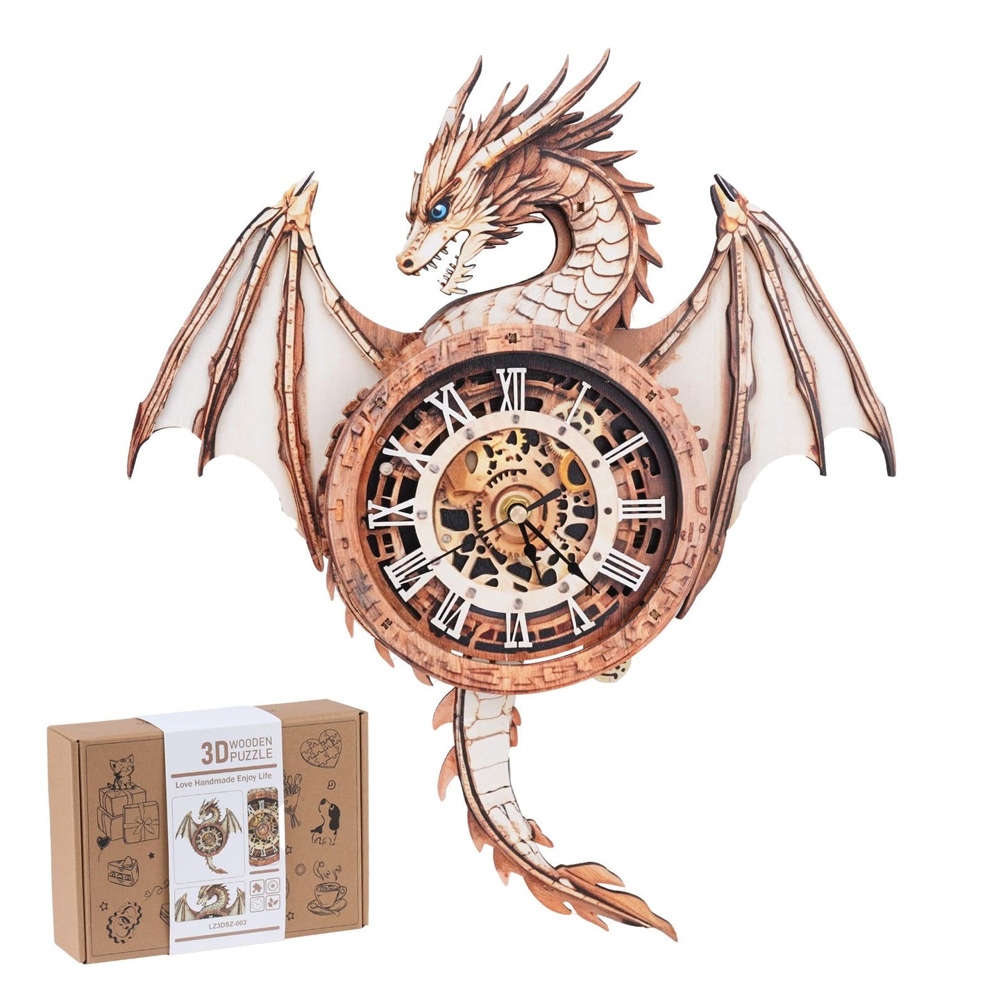 Rnfinewow 3D Wooden Puzzles for Adults, 3D Puzzle Dragon Clock Kit (with Pendulum), Wooden Puzzle for Adults Home Decor Clock Crafts for Adult Christmas Day Puzzle Gifts for Men Women