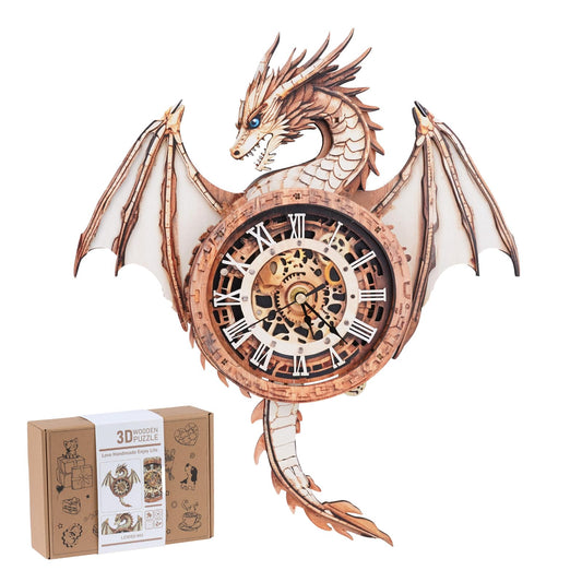 Rnfinewow 3D Wooden Puzzles for Adults, 3D Puzzle Dragon Clock Kit (with Pendulum), Wooden Puzzle for Adults Home Decor Clock Crafts for Adult Christmas Day Puzzle Gifts for Men Women