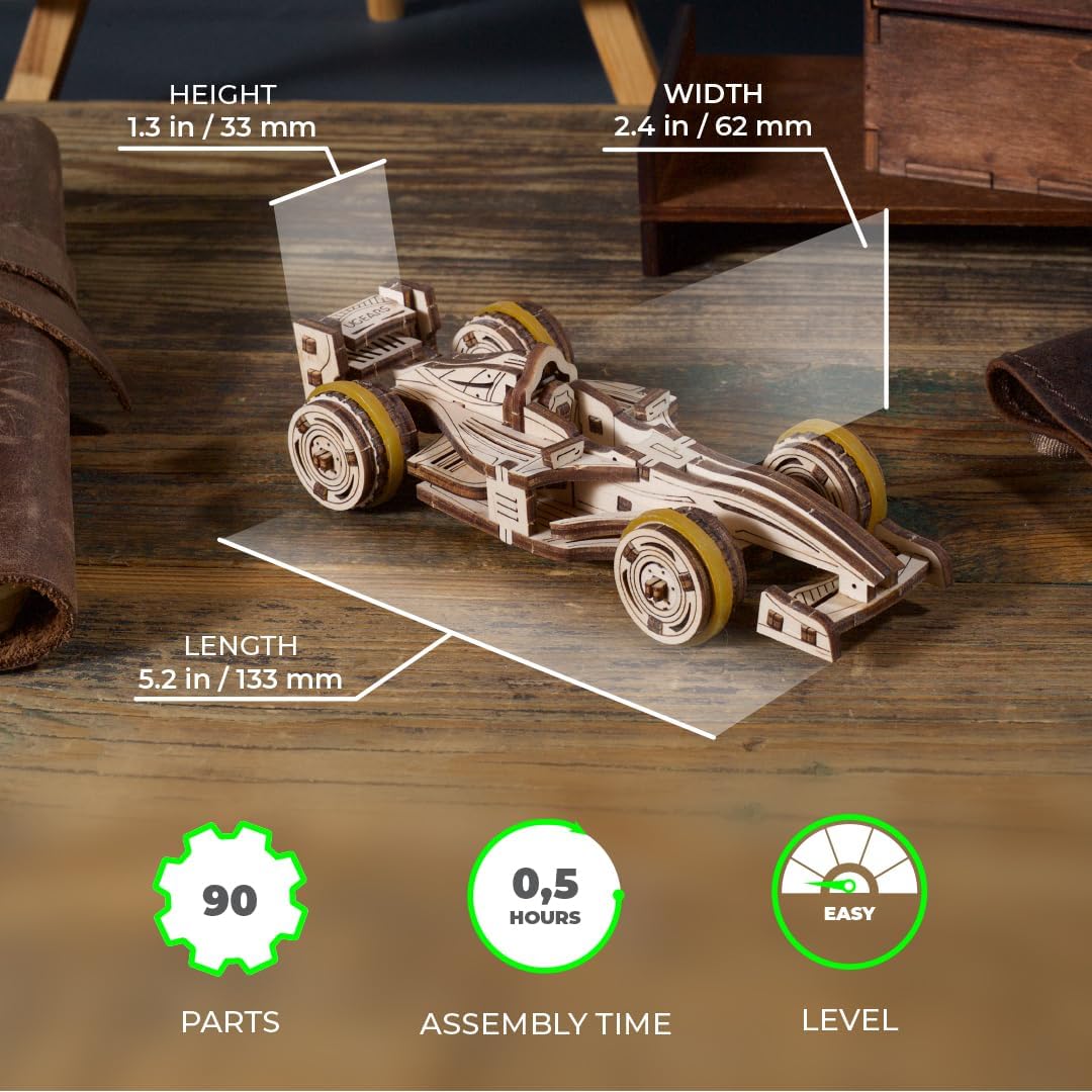 UGEARS Wooden 3D Puzzle Compact Racer Model Kit Craft for Adults Easy DIY Miniature Wooden Model 90 Pcs