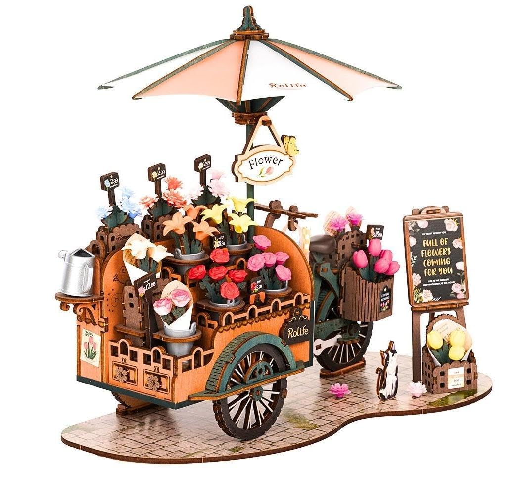 Rolife DIY 3D Wooden Puzzle for Adults, Flower Cart Brain Teaser Puzzle for Teens Girls Boys, Creative Craft Hobby Gifts Model Building Kits, Home Decor Assembly Toy