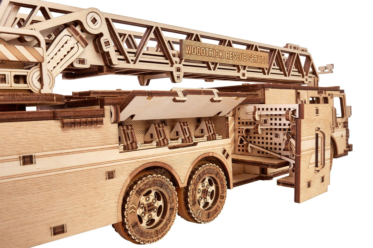 Wood Trick Rescue Firetruck Movable - Rotating Extendable Ladder - 3D Wooden Puzzles for Adults to Build - Rides up to 20 ft - Wooden Models Engineering DIY Project Mechanical Model Kit