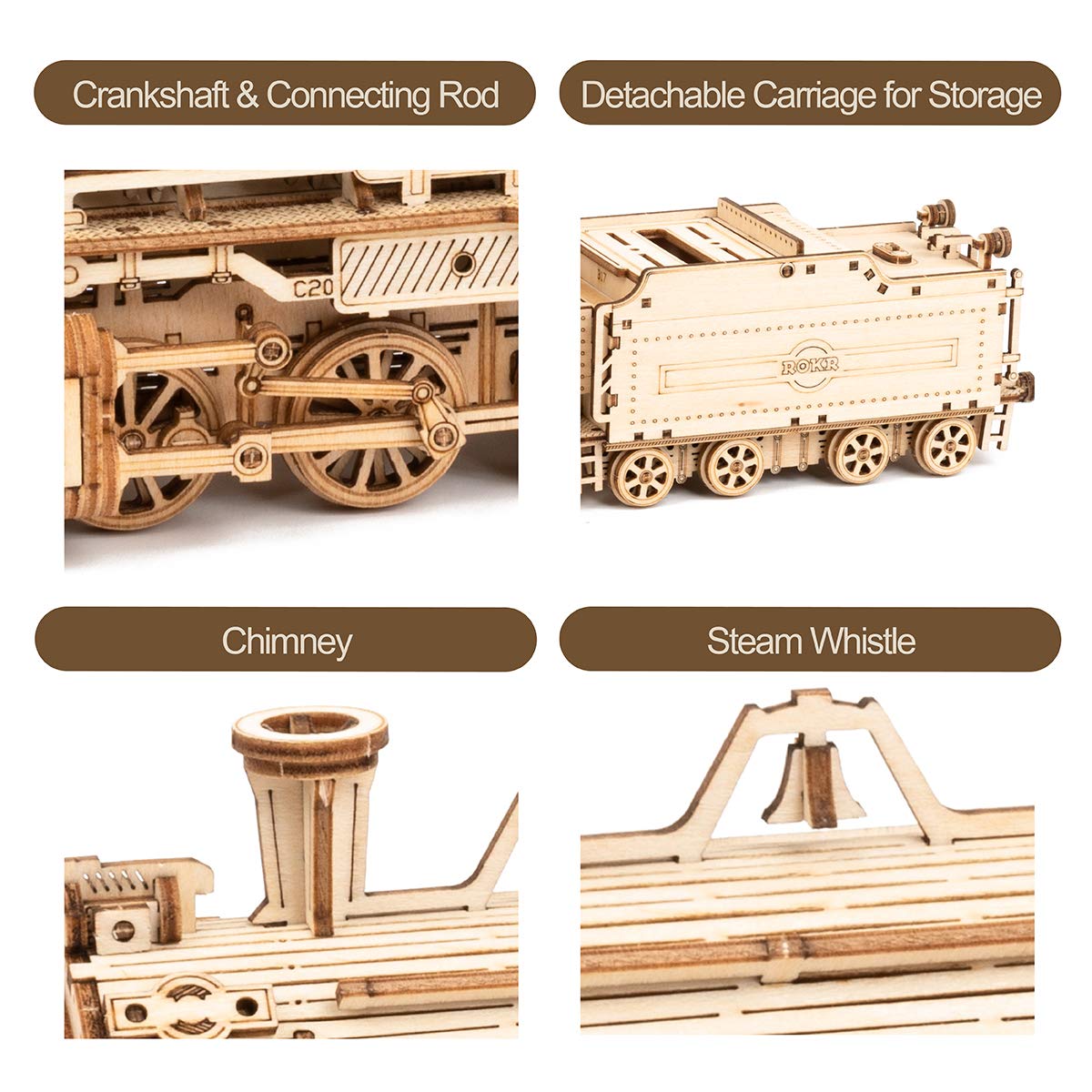ROKR 3D Wooden Puzzle for Adults-Mechanical Train Model Kits-Brain Teaser Puzzles-Vehicle Building Kits-Unique Gift for Kids on Birthday/Christmas Day(1:80 Scale)(MC501-Prime Steam Express)