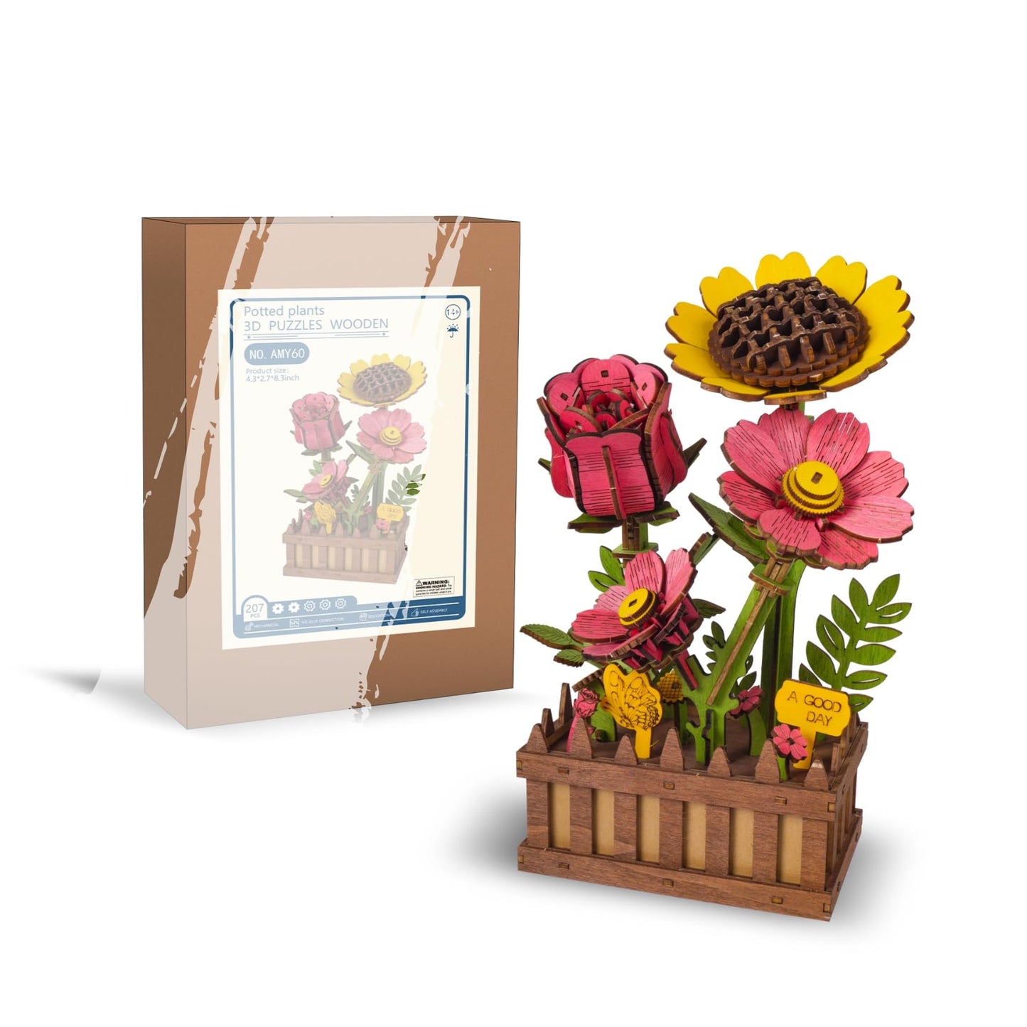 Gueiddi Wooden 3D Puzzles for Adults, 3D Wooden Puzzles House Warming Gift Hobby Kit Stem Home Decor (Wooden Flowers)