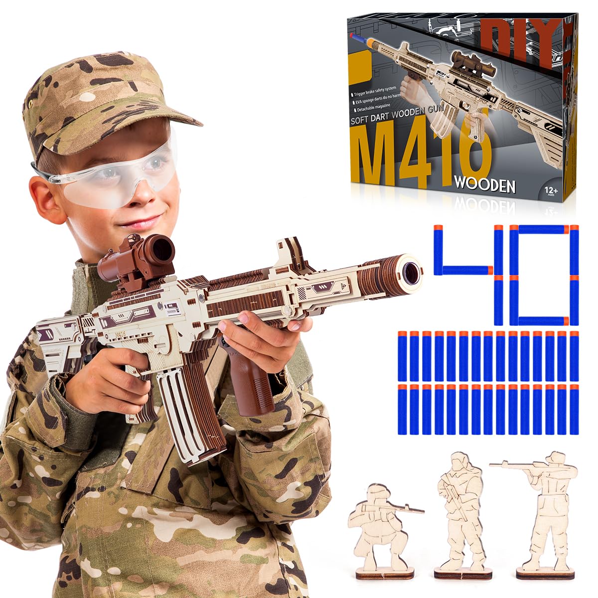 VATOS Wooden Gun Puzzles, 3D Wood Puzzles Gun for Adult with Foam Soft Bullet, Electric Wooden M416 Rifle Puzzle Toy Model, Wood Puzzle DIY Building Kits for Adult Christmas Birthday Gift