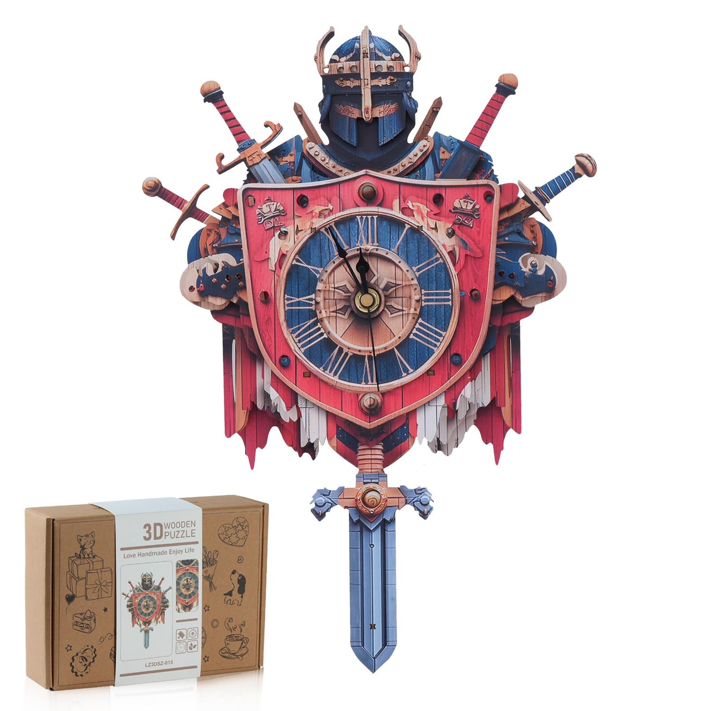 Rnfinewow 3D Wooden Puzzles for Adults, Knight Clock with Pendulum Model Kit, 3D Puzzles for Adults Room Home Decor DIY Wall Clock Kit, Holiday Birthday for Men Women Teens