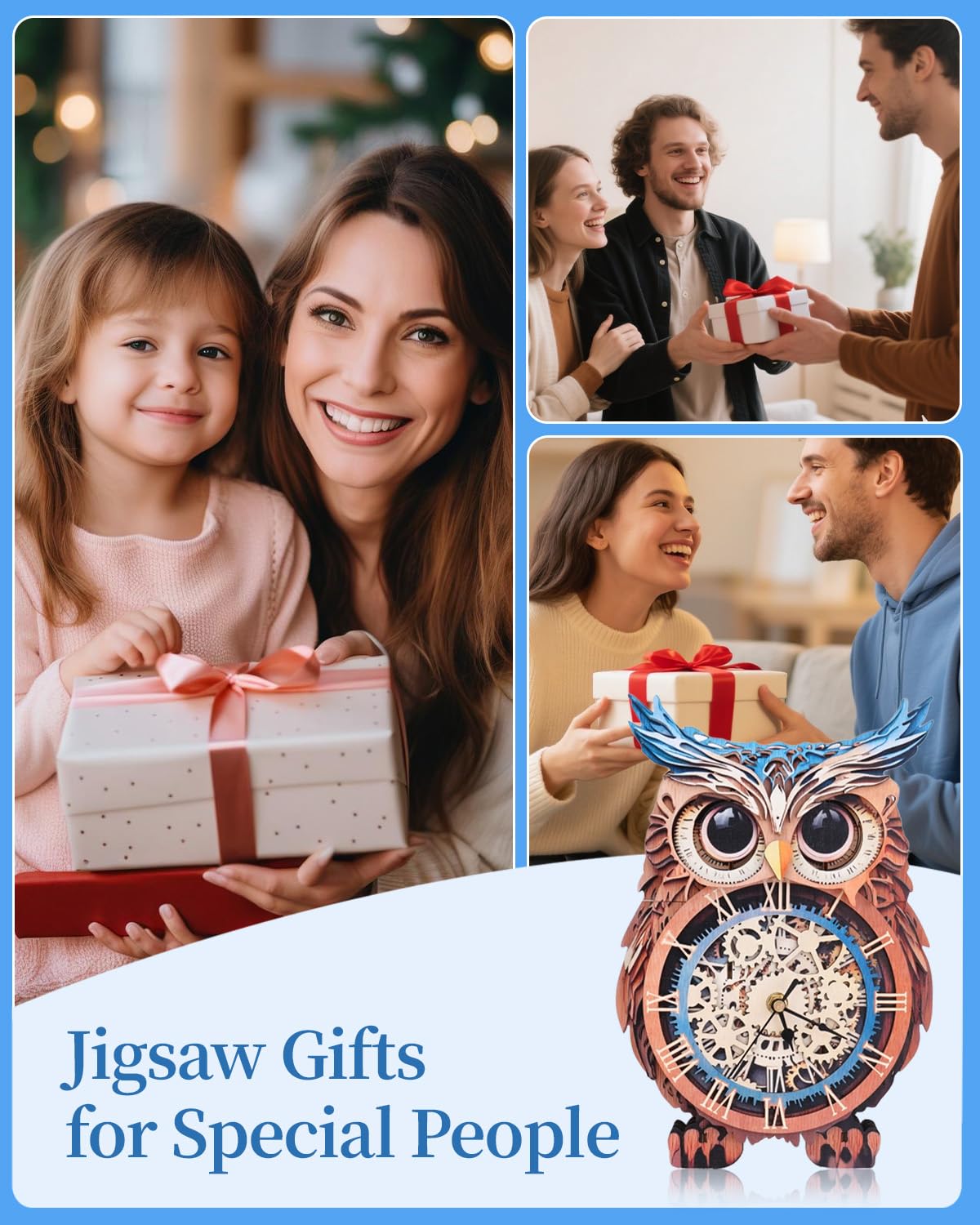 Rnfinewow 3D Wooden Puzzles for Adults, Owl Clock with Pendulum Model Kit, 3D Puzzles for Adults Room Home Decor DIY Wall Clock Kit, Holiday Birthday Christmas Day Gifts for Men Women Teens