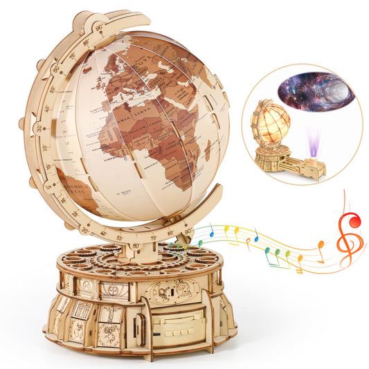 MIEBELY 3D Wooden Puzzles for Adults USB Charging Illuminated Globe Music Box DIY LED Wood Model Building Kits with Space Projector Stem Toys for Kids Desk Decor for Boys/Girls Ages 8+