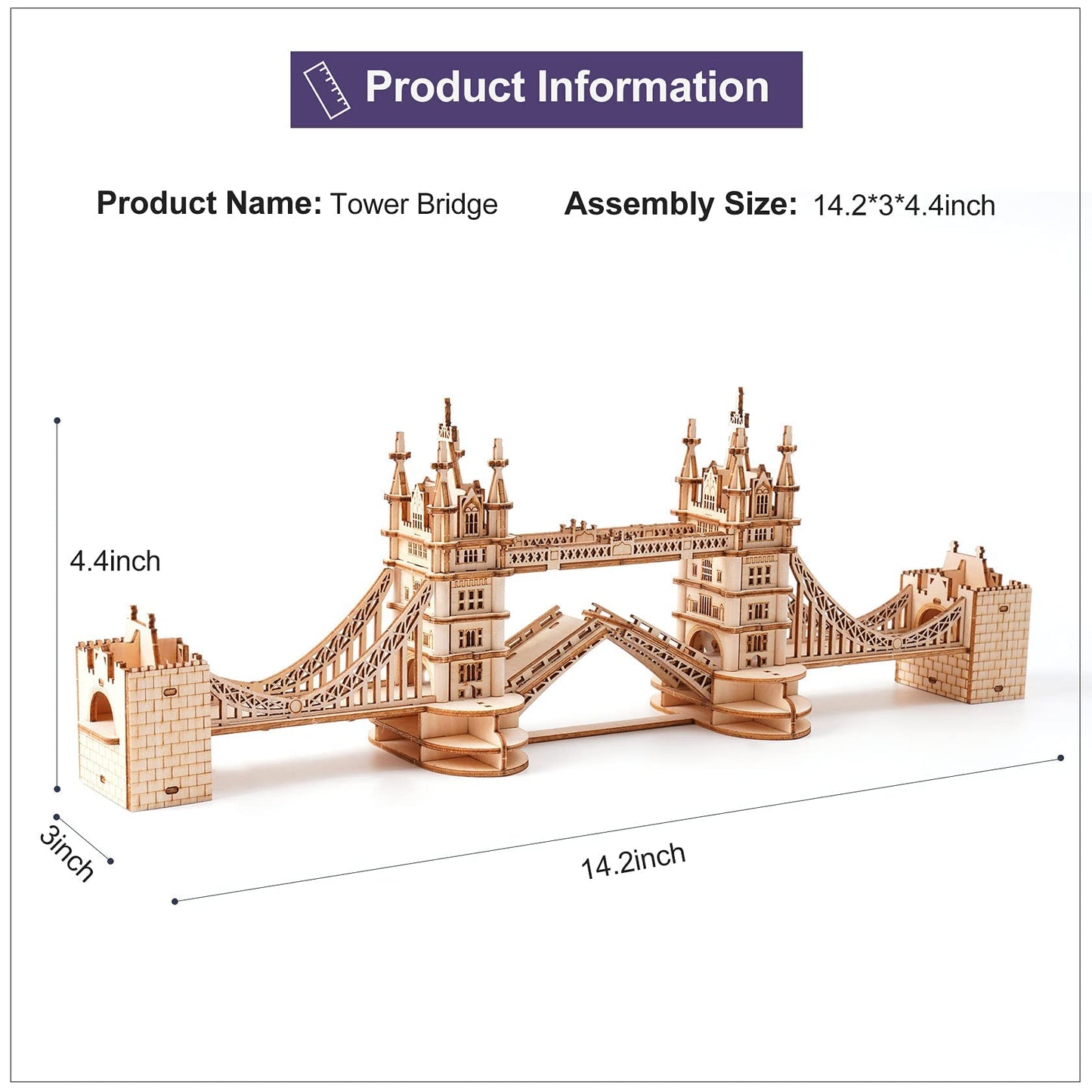 ROBOTIME 3D Puzzle Wooden Craft Kits with LED Light DIY Tower Bridge Construction Model Kit to Build for Teens Brain Teaser Puzzle Home Decor Birthday Gifts