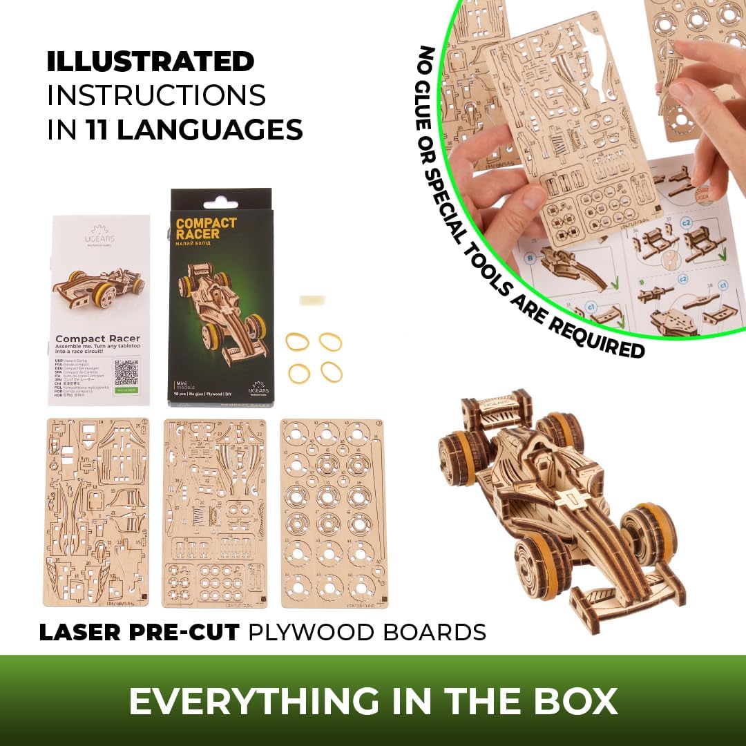 UGEARS Wooden 3D Puzzle Compact Racer Model Kit Craft for Adults Easy DIY Miniature Wooden Model 90 Pcs