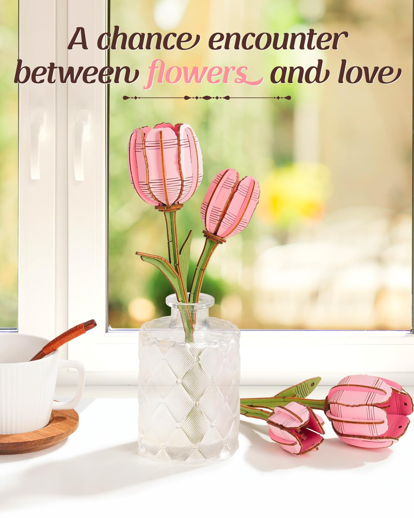 rowood Wooden Flower,3D Puzzles for Adults,Artifical Flower Botanical Collection Building Kit,Mother's Day/Valentine's Day Pink Tulip