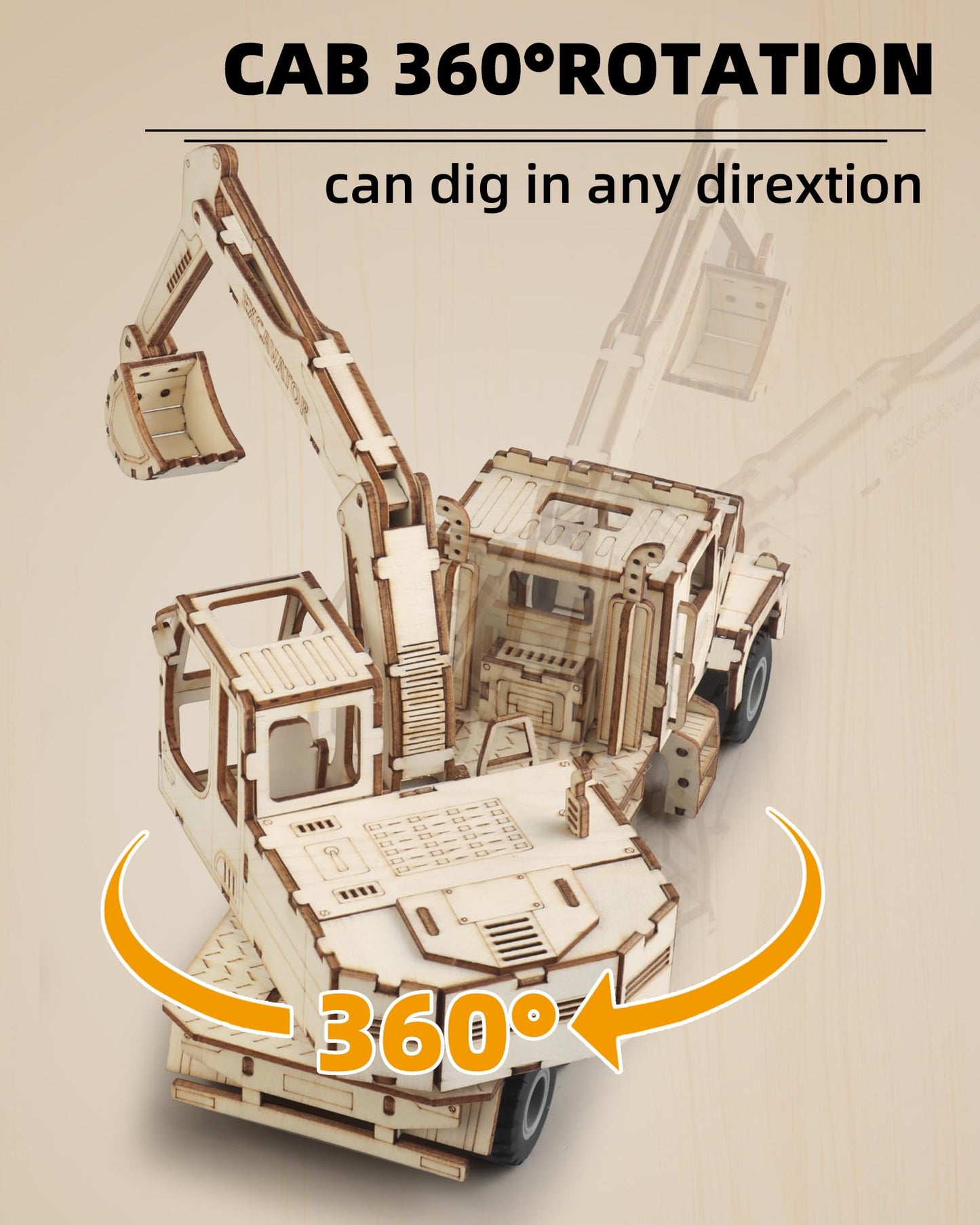 MOCBURIKU 3D Wooden Puzzle for Adults, Excavator Wooden Mechanical Model Car Kits to Build, Brain Teaser Pull Back Truck Toys Birthday for Men Women (Excavator)