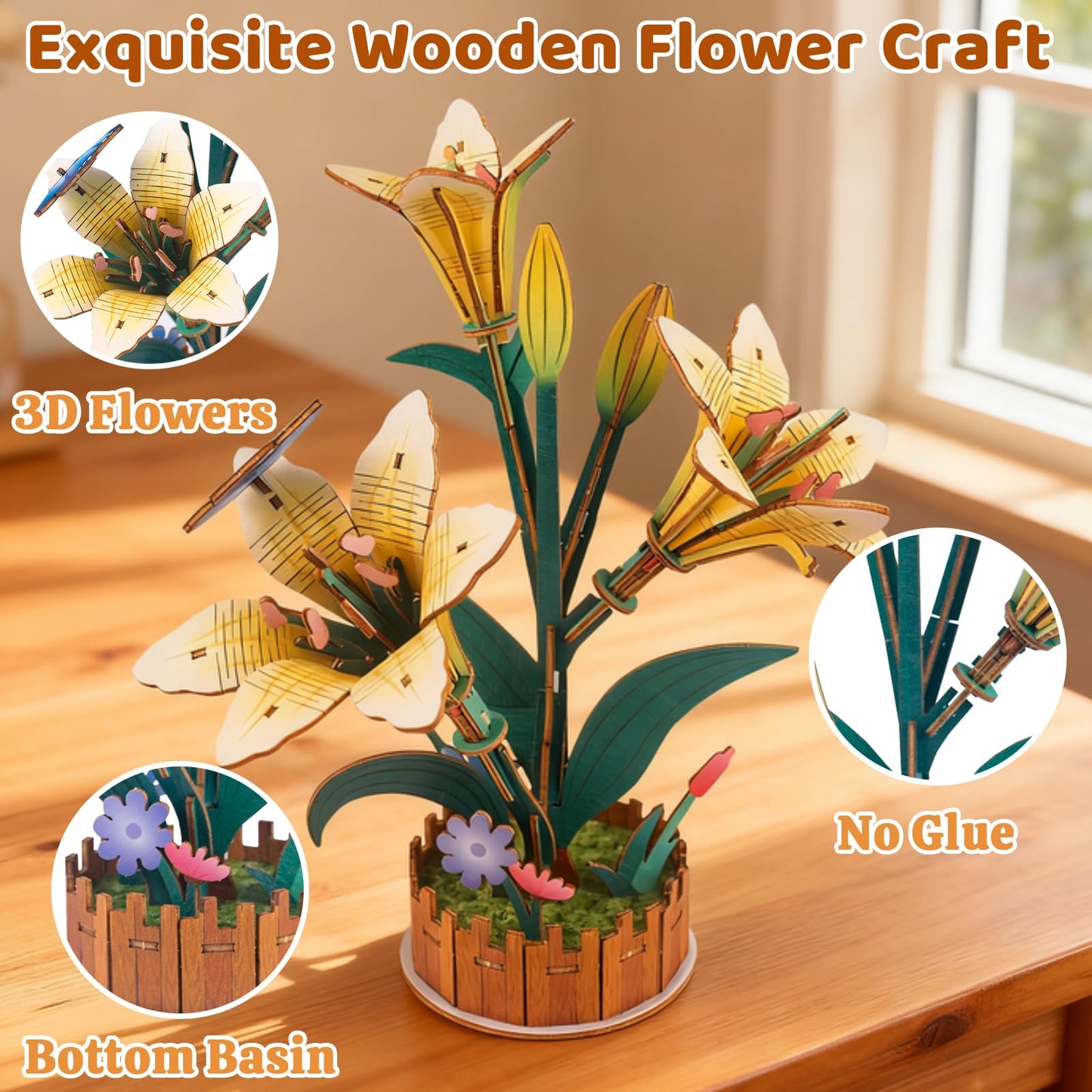 3D Wooden Flower Puzzles for Adults Lily, DIY Flower Building Set Wooden Craft Kits Home Decoration, for Women Mom Birthday Thanksgiving Christmas Valentine's Day