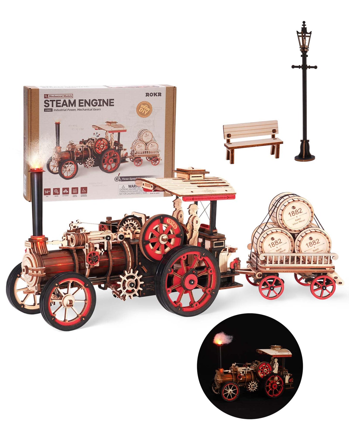 ROKR 3D Puzzle for Adults 469pcs Electric Vintage Car Steam Engine Model Kits, Mechanical Wooden Assembly Puzzles Vehicle DIY Hobbies Christmas Gifts for Men Women