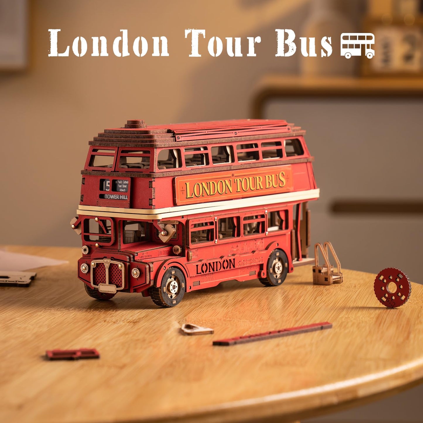 ROBOTIME 3D Puzzles for Adults Wooden Puzzle London Tour Bus DIY Model Kit to Build Educational Brain Teaser Toy for Craft Decor Gift