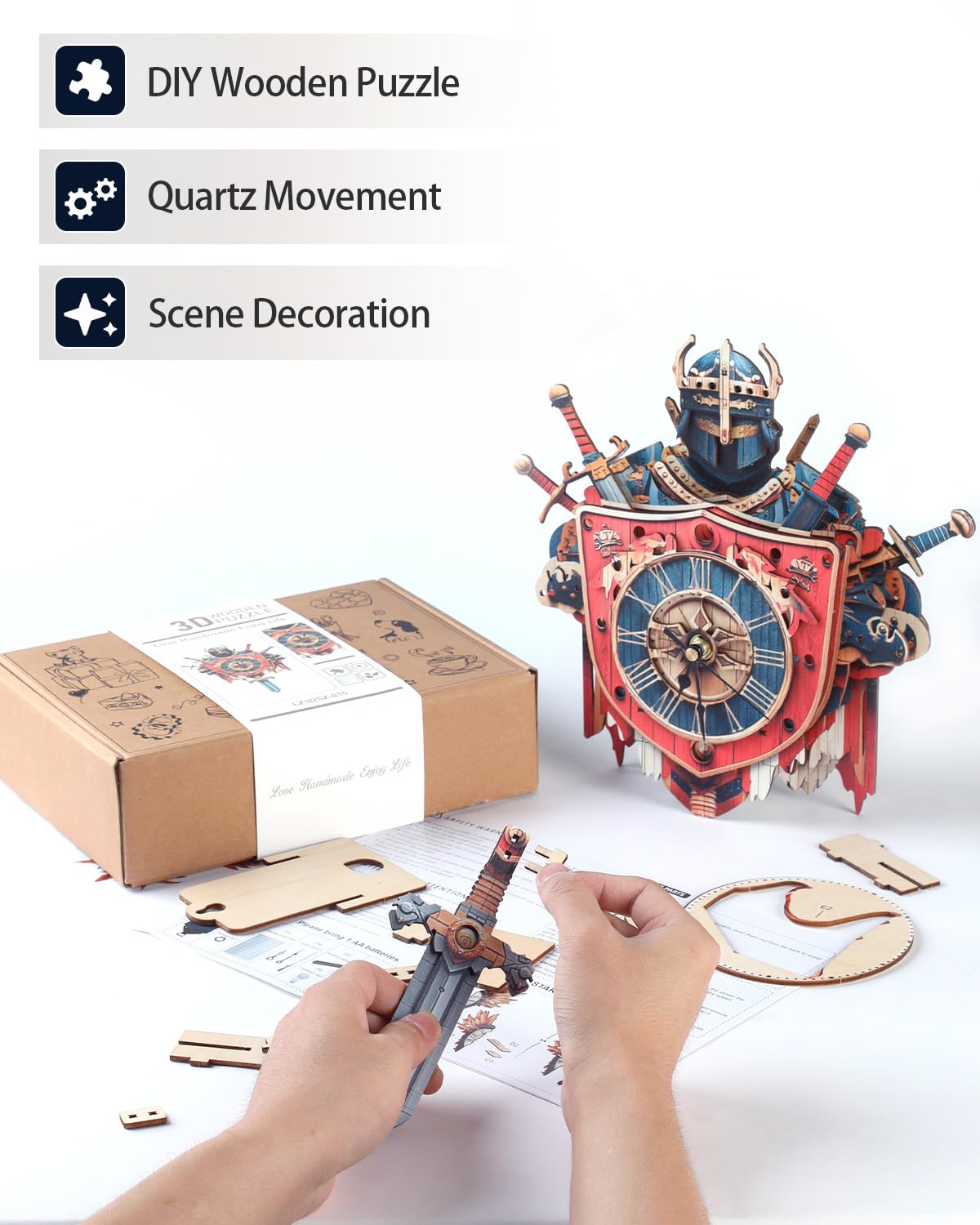 Rnfinewow 3D Wooden Puzzles for Adults, Knight Clock with Pendulum Model Kit, 3D Puzzles for Adults Room Home Decor DIY Wall Clock Kit, Holiday Birthday for Men Women Teens