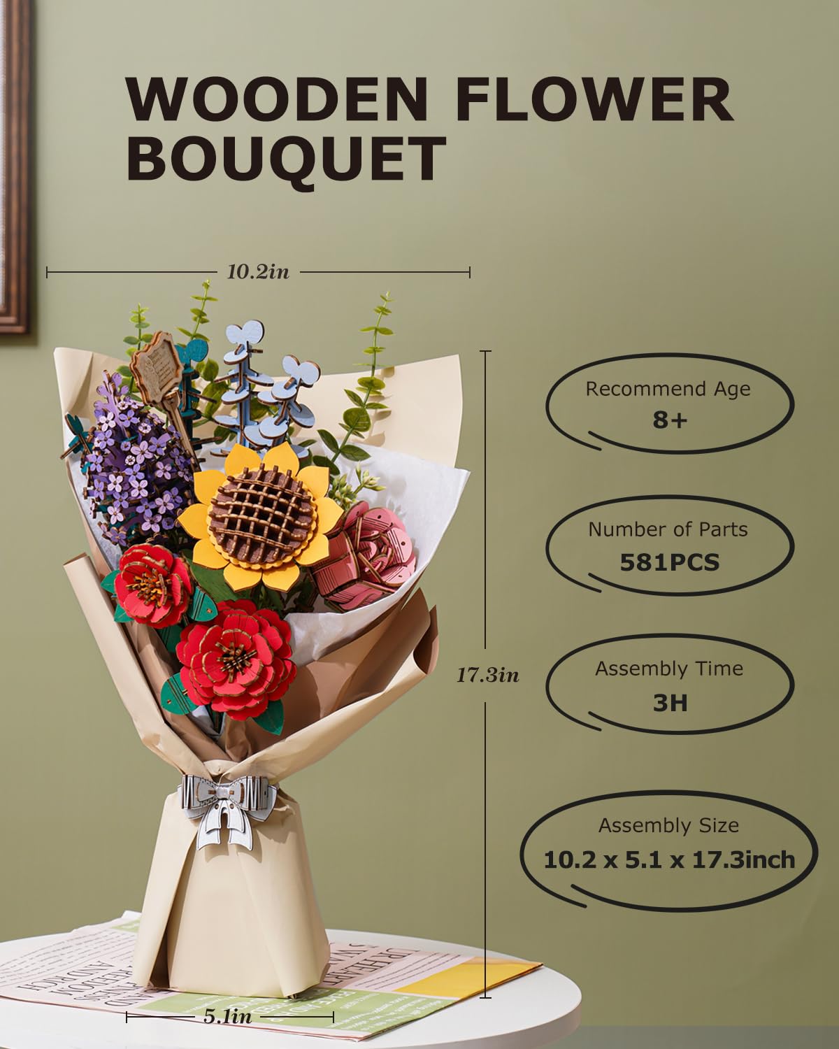 ROBOTIME Forever Flowers Bouquet, Wooden Flower Bouquet Building Kit TW01H, Sunflower/Red Camellia/Pink Rose/Lilac Gift for Mom/Wife