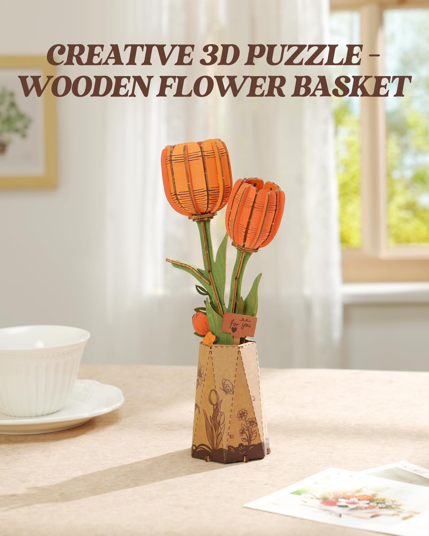 rowood Wooden Flower,DIY Artifical Flower Building Set Craft Kit for Adults,Mother's Day/Valentine's Day for Mom/Women/Grandma-Orange Tulip