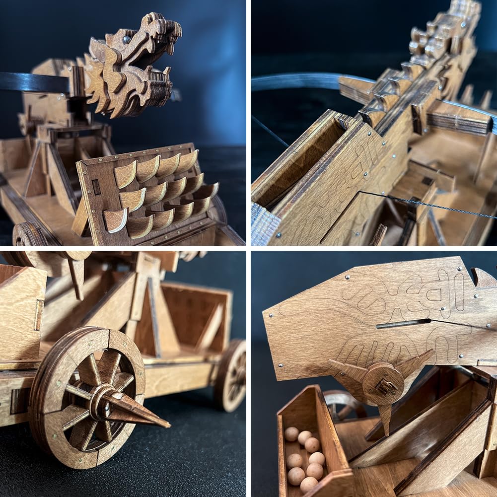 YAQUMW Mini Dragon Ballista Ancient Missile Launcher China Three Kingdoms Chariot Wooden Catapult DIY 3D Puzzles Model Kits STEM Projects Tabletop Toys