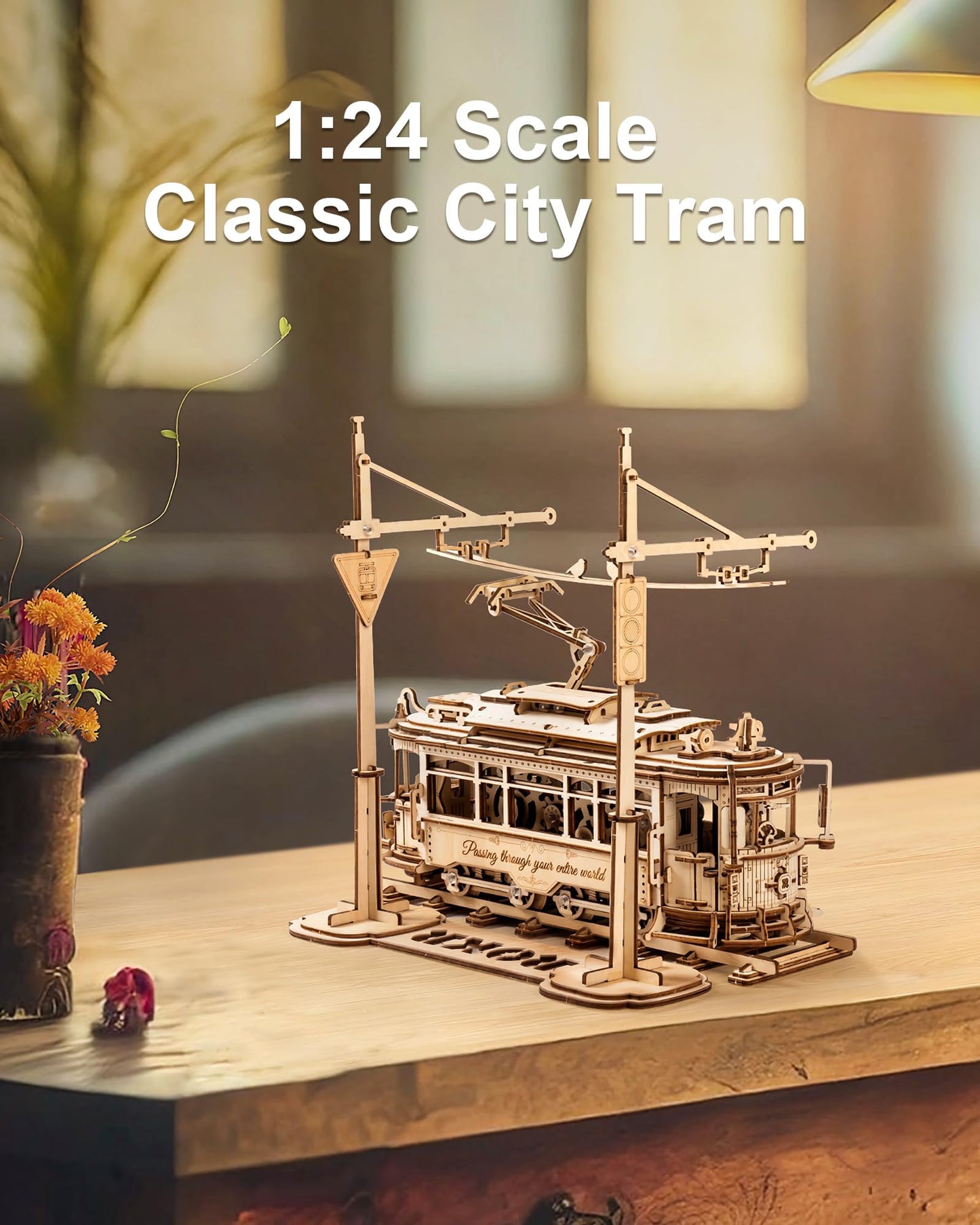 ROKR 3D Wooden Puzzles Model Car Kits for Adults to Build - Wooden Toy Tram Train Set with Railway - Wood 3D Puzzles for Adults - Gift Idea for Christmas Father's Day Birthday