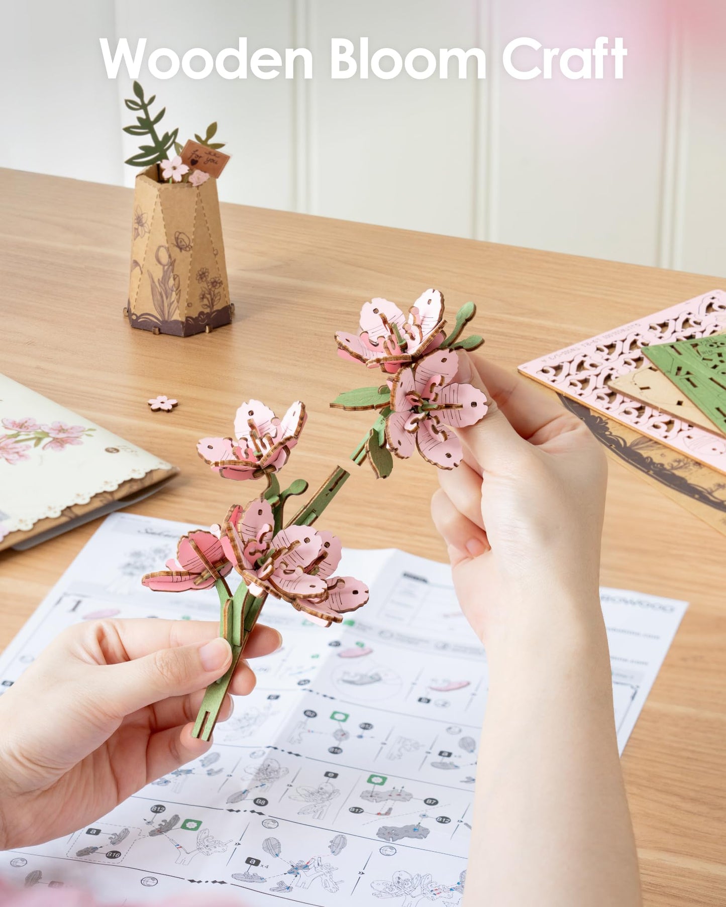 Rowood 3D Puzzles for Adults,DIY Wooden Cherry Blossom Bonsai Tree Botanical Collection Building Craft Kits for Women,Christmas/Birthday Gift- Sakura