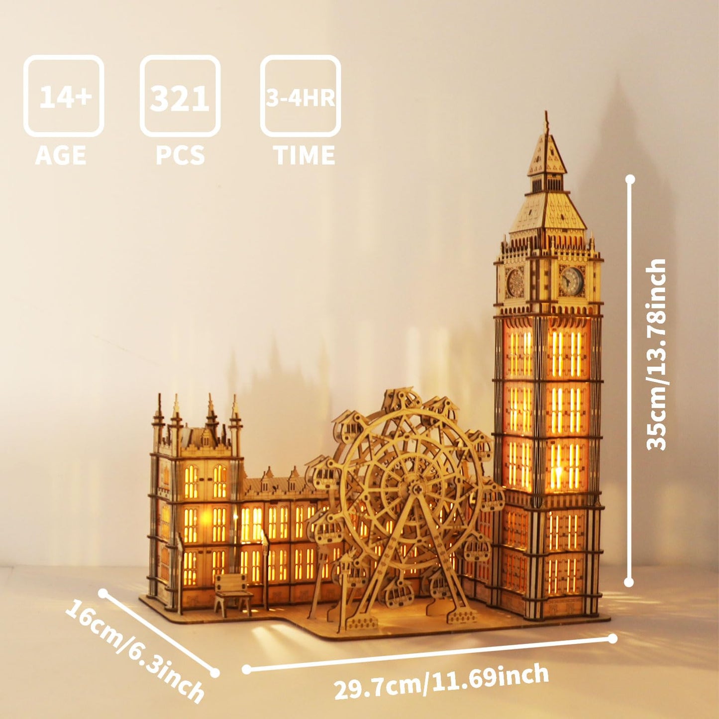 Music Park 3D Puzzles Big Ben Real Clock with Night Light Wooden Model Kits for Adults to Build Ferris Wheel Craft Christmas and Birthday Gifts Home Decoration