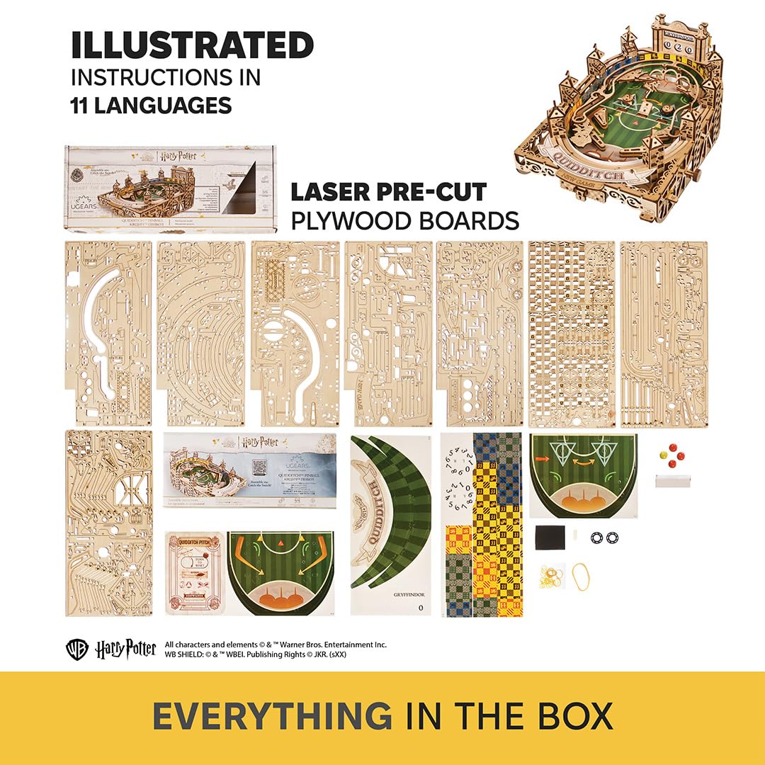 UGEARS Quidditch Pinball Machine - Harry Potter 3D Wooden Puzzles for Adults to Build Mechanical Wooden Model Kit - Working Wood Brain Teaser Pinball Game for Fathers Day - Advanced Level 402 Pcs