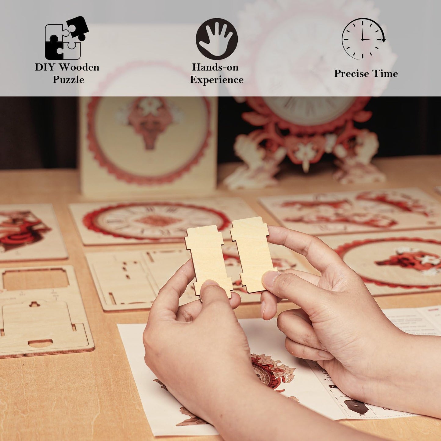 Jollitot 3D Puzzles for Adults Flame Flower Wall Clock Wooden Model DIY Kit Puzzle Clock Birthday Gifts for Men Woman Home Decor Christmas