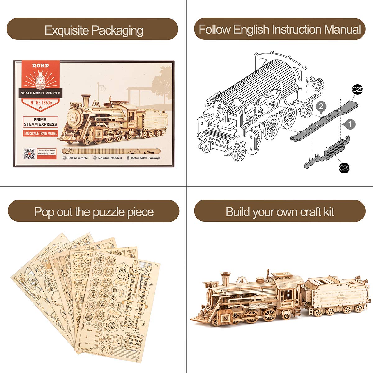 ROKR 3D Wooden Puzzle for Adults-Mechanical Train Model Kits-Brain Teaser Puzzles-Vehicle Building Kits-Unique Gift for Kids on Birthday/Christmas Day(1:80 Scale)(MC501-Prime Steam Express)