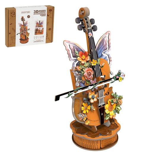 Rnfinewow 3D Wooden Puzzles for Adults, DIY Cello Model Kit with Base, 80pcs Wooden Music Box Desk Birthday Hobbies Craft for Women Men Home Decor