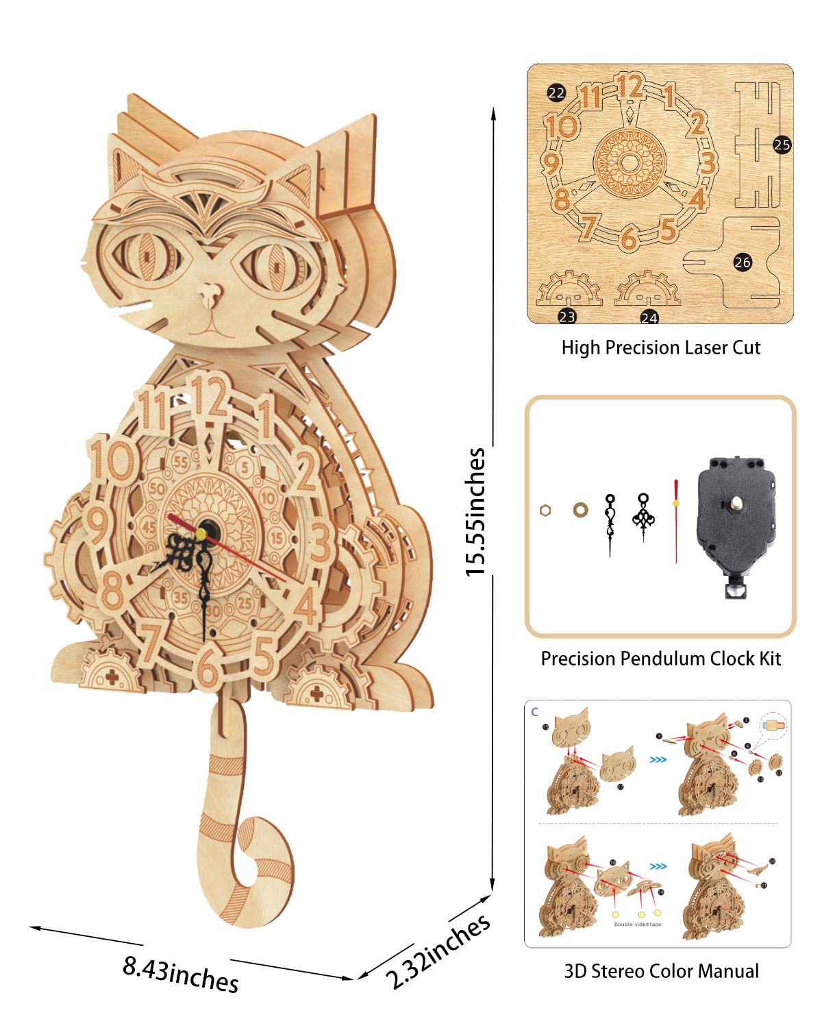 Wooden 3D Puzzles for Adults Model kit Cat Clock Kids Wall Clock Decor for Birthday Gift/Christmas Day