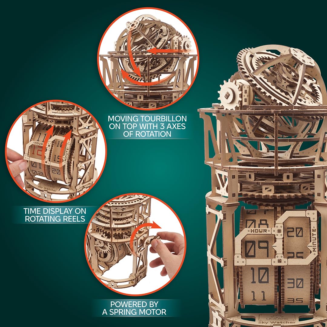 UGEARS Wooden 3D Puzzles for Adults - Astronomer Table Clock with Tourbillon Model Kit - Mechanical Clock Kit Functional DIY Miniature Kit Wood Crafts for Adults - Gifts For Puzzle Lovers - 338 Pieces