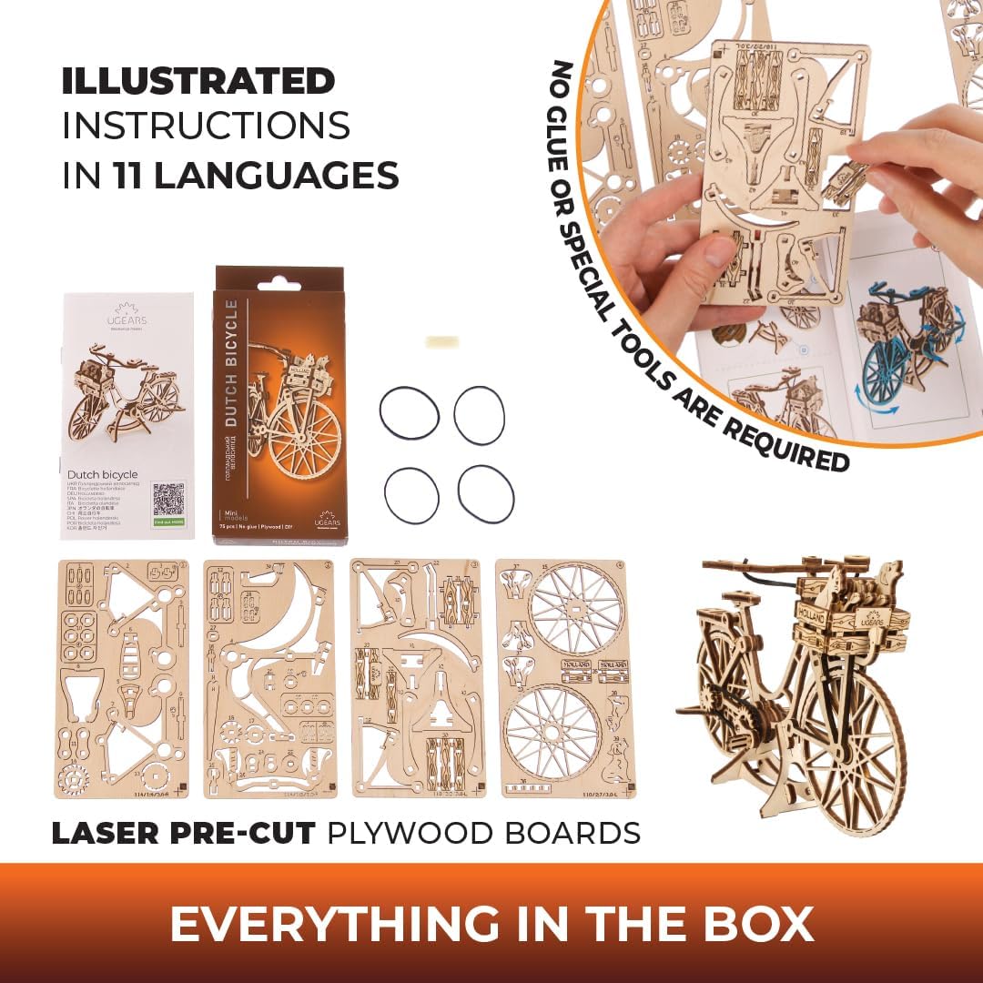 UGEARS Wooden 3D Puzzles - Dutch Bicycle Model Kit for Adults - Easy Assembly Iconic Amsterdam Bike Crafts - DIY Miniature Kit - 75 Pieces