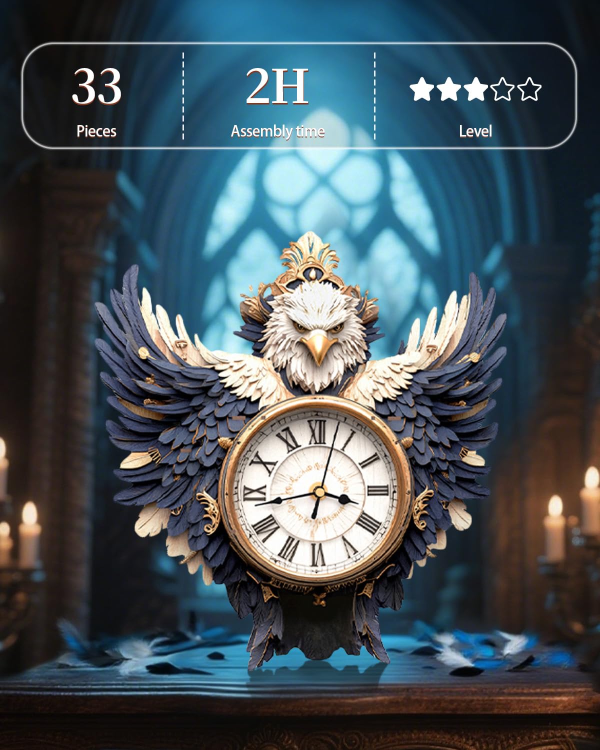 Rnfinewow 3D Wooden Puzzles for Adults, Bald Eagle Clock with Pendulum Model Kit, 3D Puzzles for Adults Room Home Decor DIY Wall Clock Kit, Holiday Birthday Christmas Day Gifts for Men Women Teens