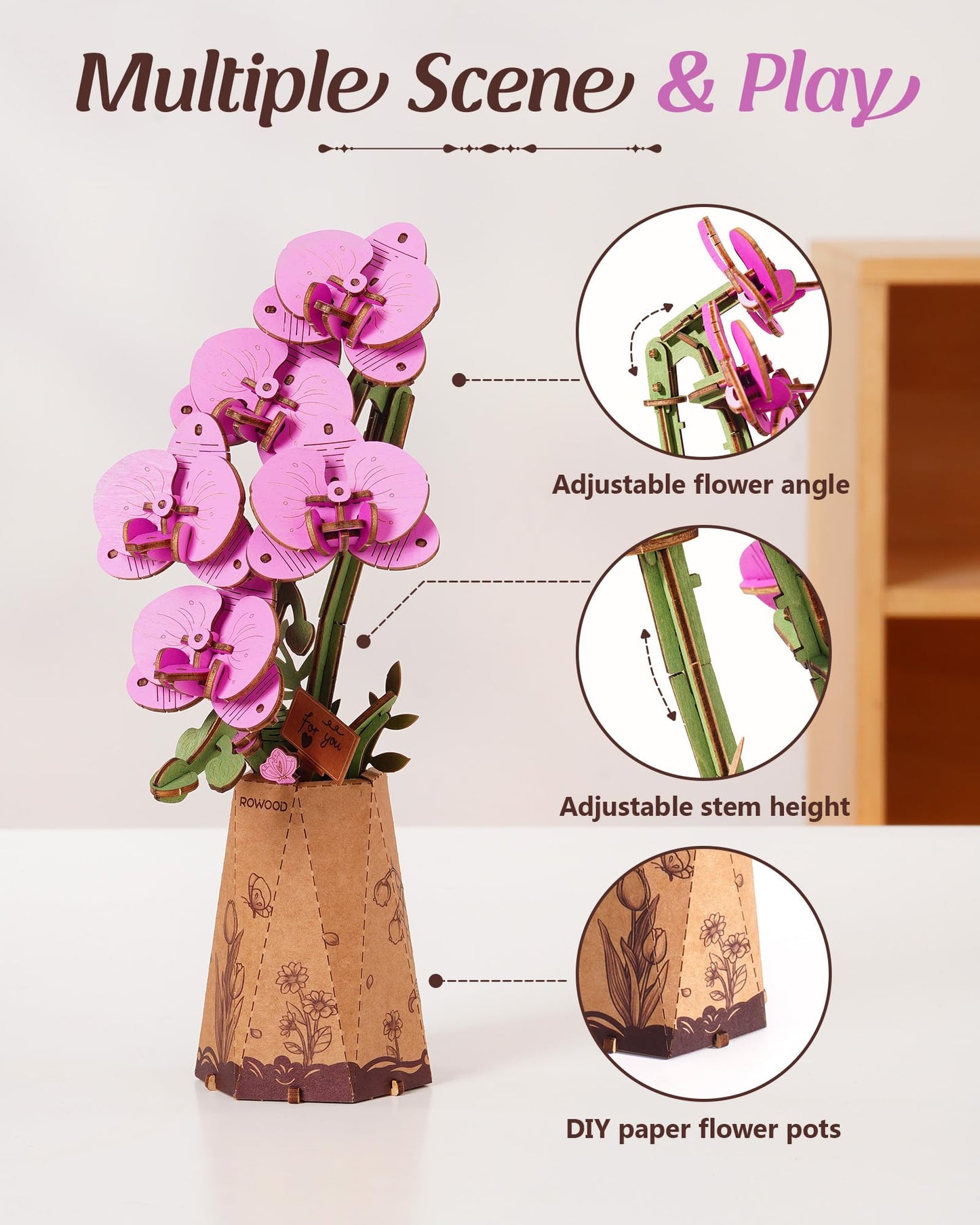 rowood Wooden Flower,3D Puzzles for Adults,Artifical Flower Botanical Collection Building Craft Kit,Mother's Day/Valentine's Day Purple Moth Orchid