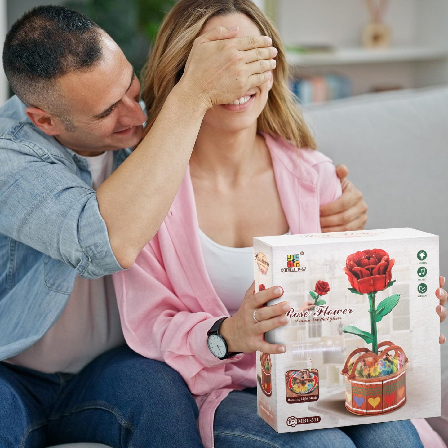 MIEBELY 3D Wooden Puzzles for Adults, Light Up 3D Puzzle Flower Rose Building Puzzle with Music Box, 216 pcs Craft Birthday Gift for Adult and Teen