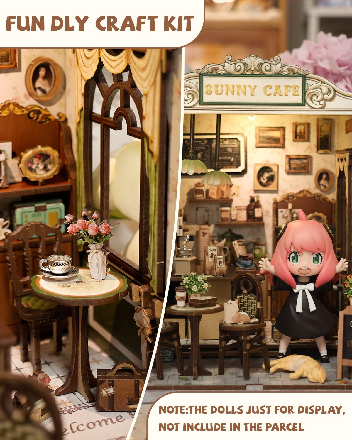 Cutefun Book Nook Kit - DIY Miniature Coffee Shop Dollhouse Kit for Adults and Teens, 3D Wooden Cafe Puzzle Mini House Building Kit with LED Bookshelf Insert Decor Creative Gifts (Sunny Cafe)