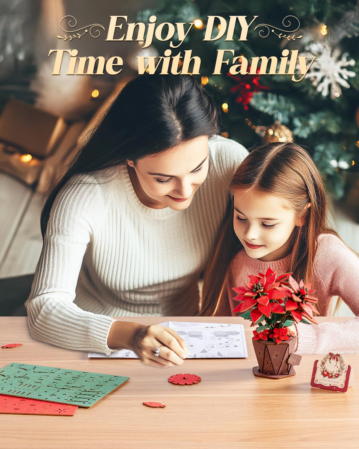 Wowood 3D Flower Wooden Puzzles for Adults-Poinsettia, DIY Wooden Flowers Model Kit Building Set Crafts for Adults to Build, Botanical Collection/Ideal Creative Gift Ideas/Housewarming (153PCS)