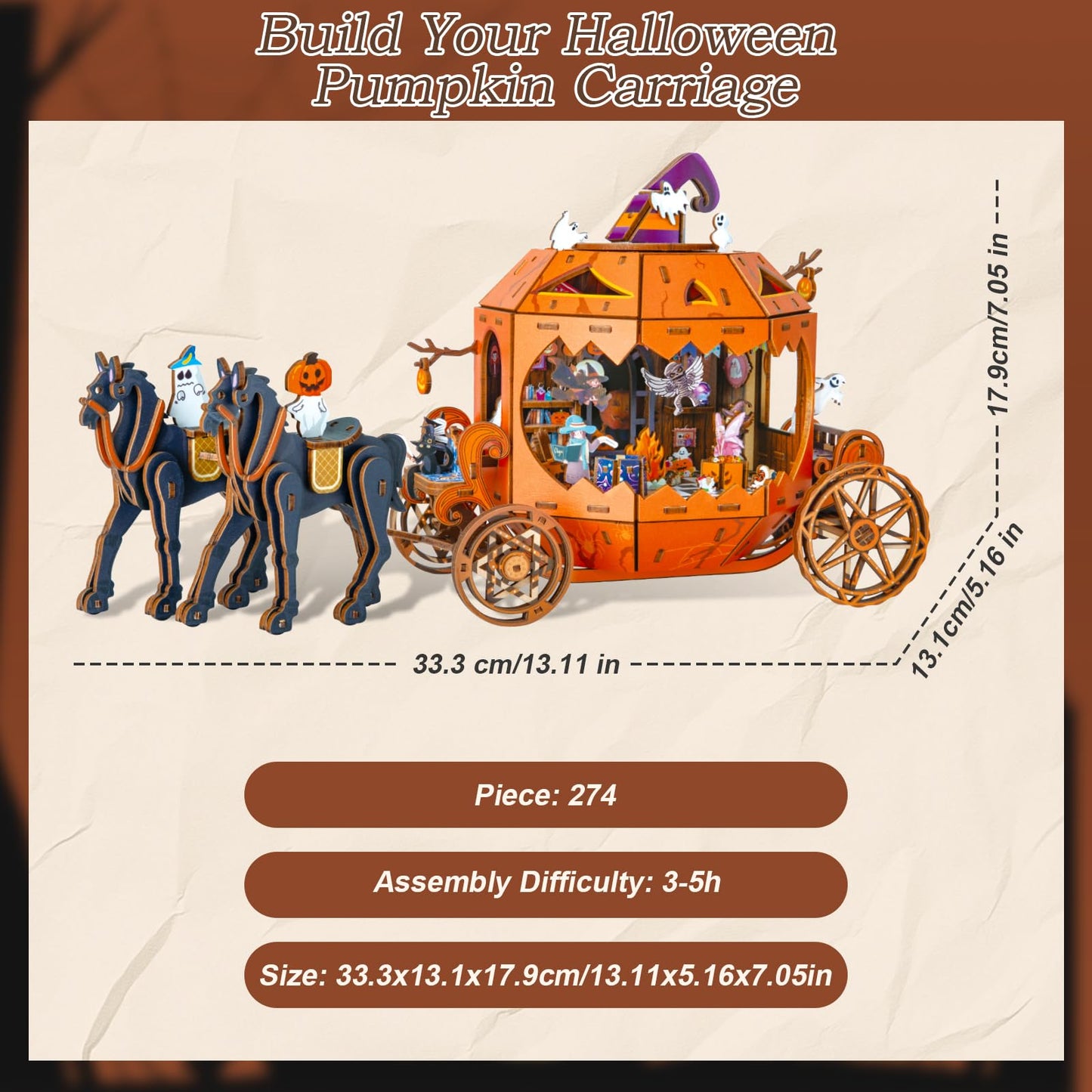 Halloween 3D Wooden Puzzles for Adults, 274 PCS Pumpkin Carriage Puzzle Kit Model with Lights, Music Box & Running Carriage, Boo Basket Stuffers Halloween Toy Gift for Teens, Men & Women