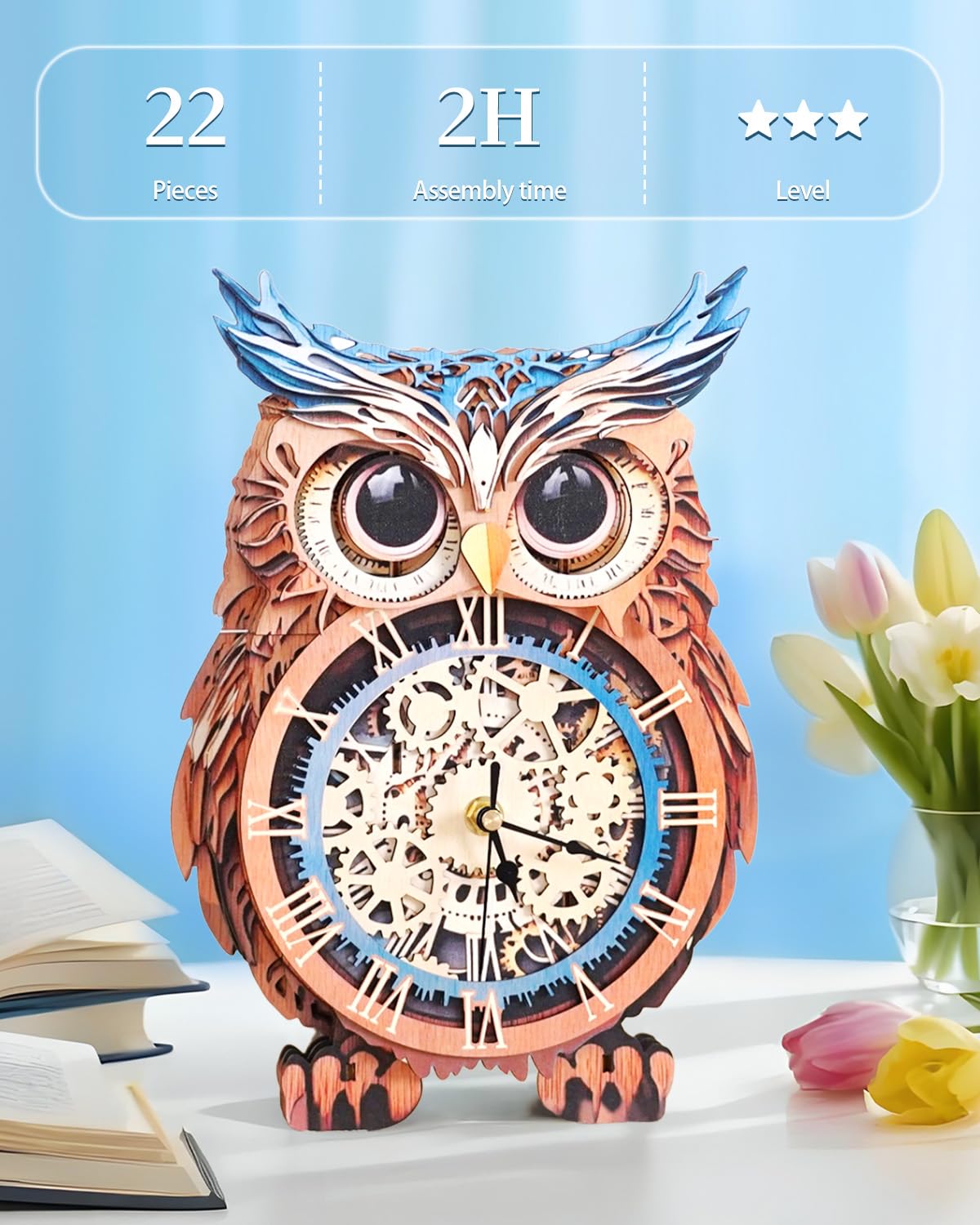 Rnfinewow 3D Wooden Puzzles for Adults, Owl Clock with Pendulum Model Kit, 3D Puzzles for Adults Room Home Decor DIY Wall Clock Kit, Holiday Birthday Christmas Day Gifts for Men Women Teens