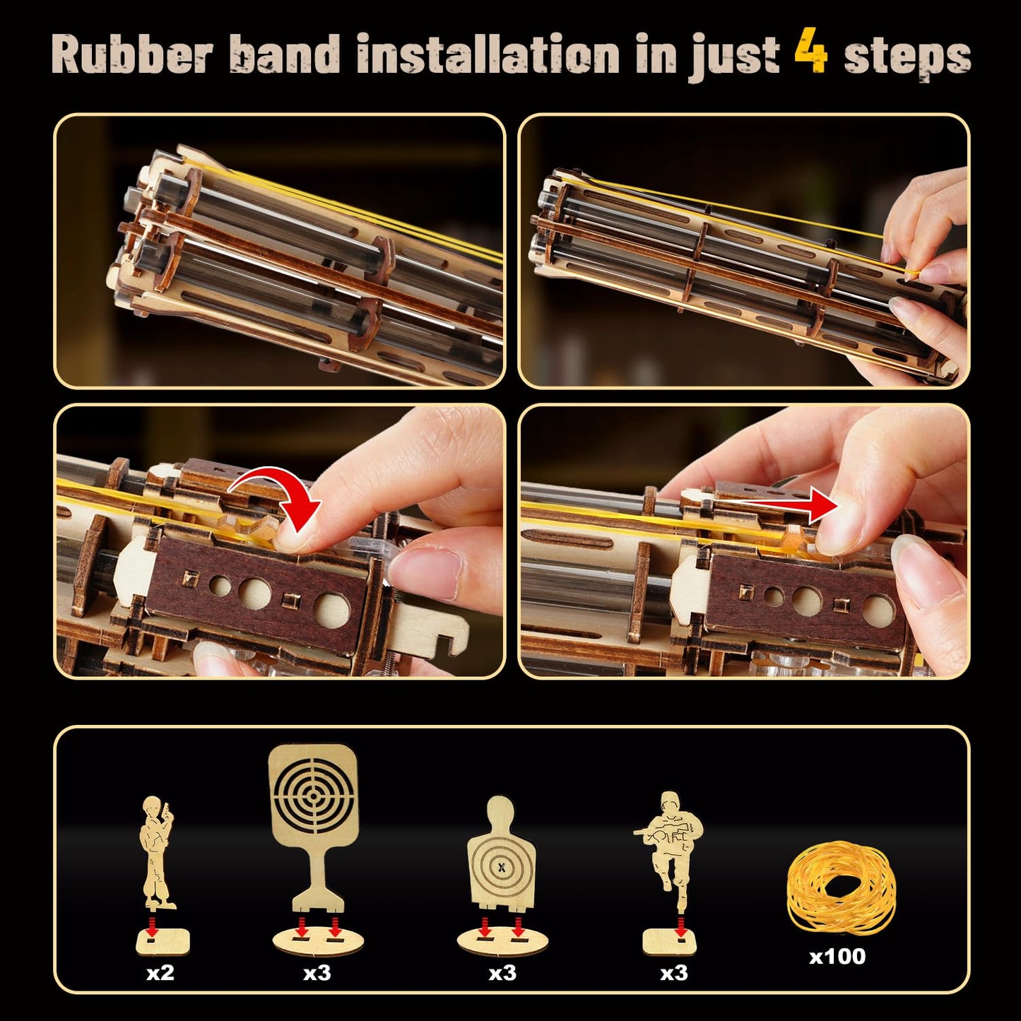 VATOS 3D Wooden Puzzles Model for Adults,344 Piece Wooden Puzzle Machine Gun with Rubber Bands,DIY Wood Puzzles Building Model Kits - Excellent Gift for Adult, Teens and Craft Enthusiasts (Ages 14+)