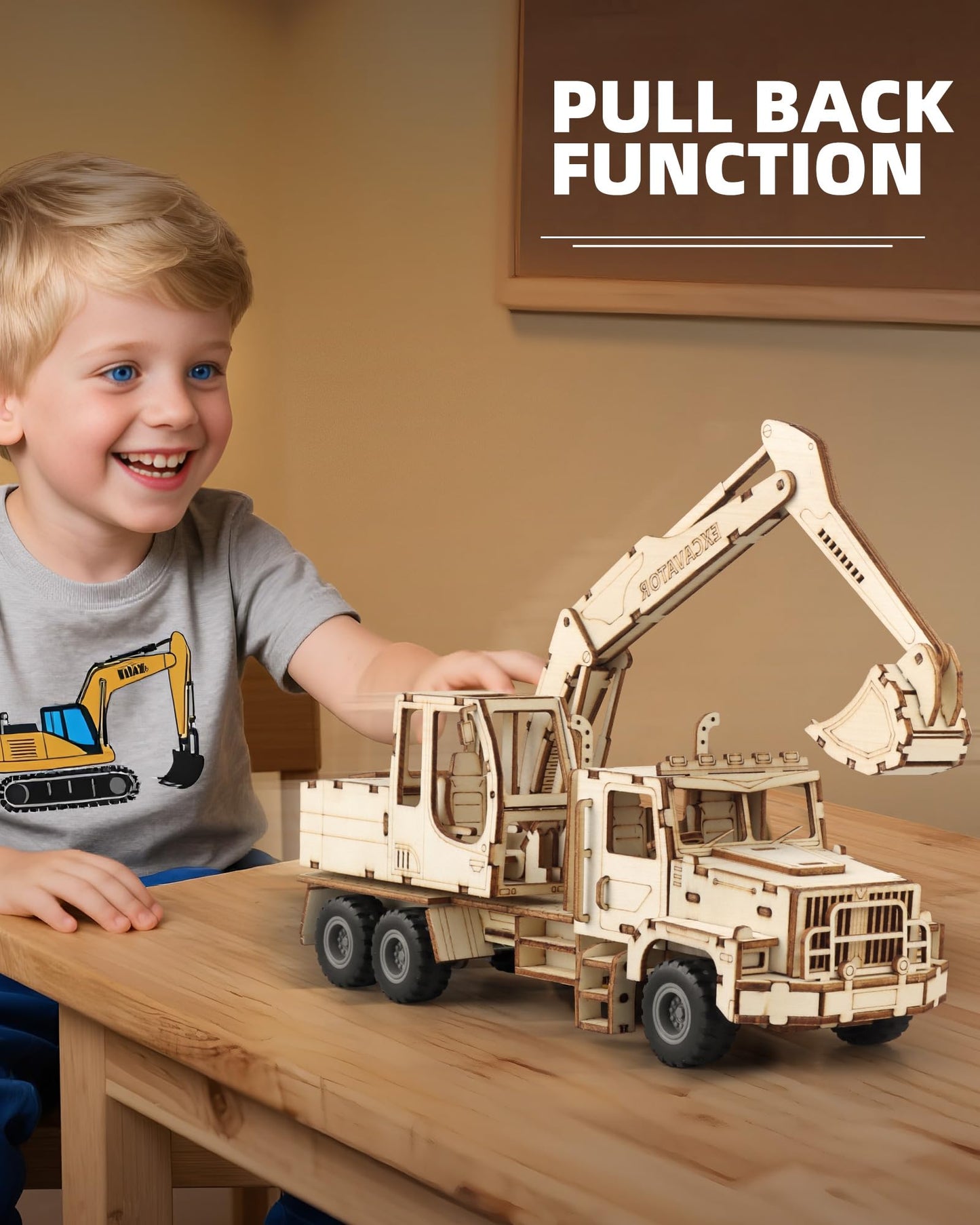 MOCBURIKU 3D Wooden Puzzle for Adults, Excavator Wooden Mechanical Model Car Kits to Build, Brain Teaser Pull Back Truck Toys Birthday for Men Women (Excavator)