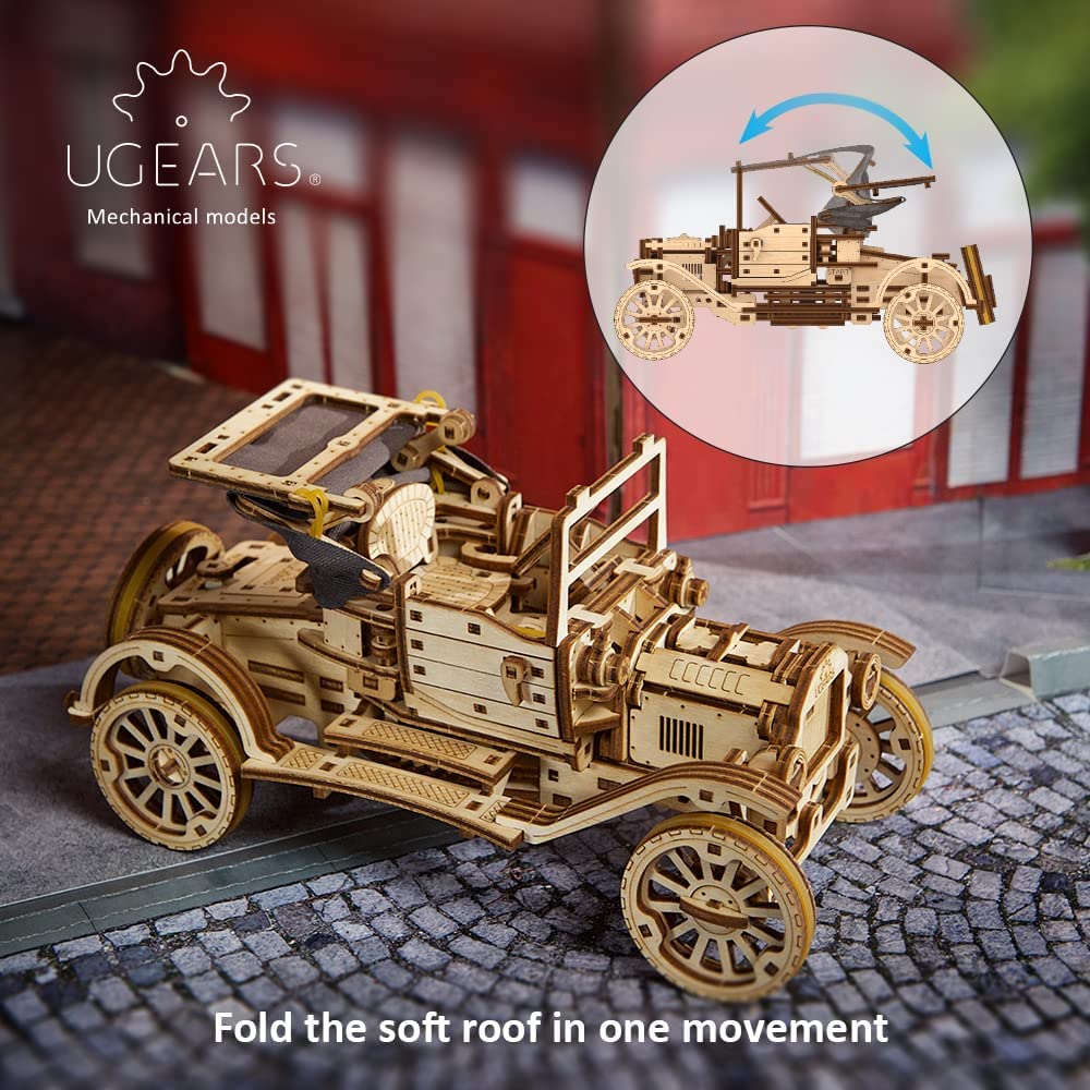 UGEARS Classic Model Car 3D Puzzle - Folding Roof, Functional 4 Cylinder Engine - Retro Auto DIY for Adults & Kids