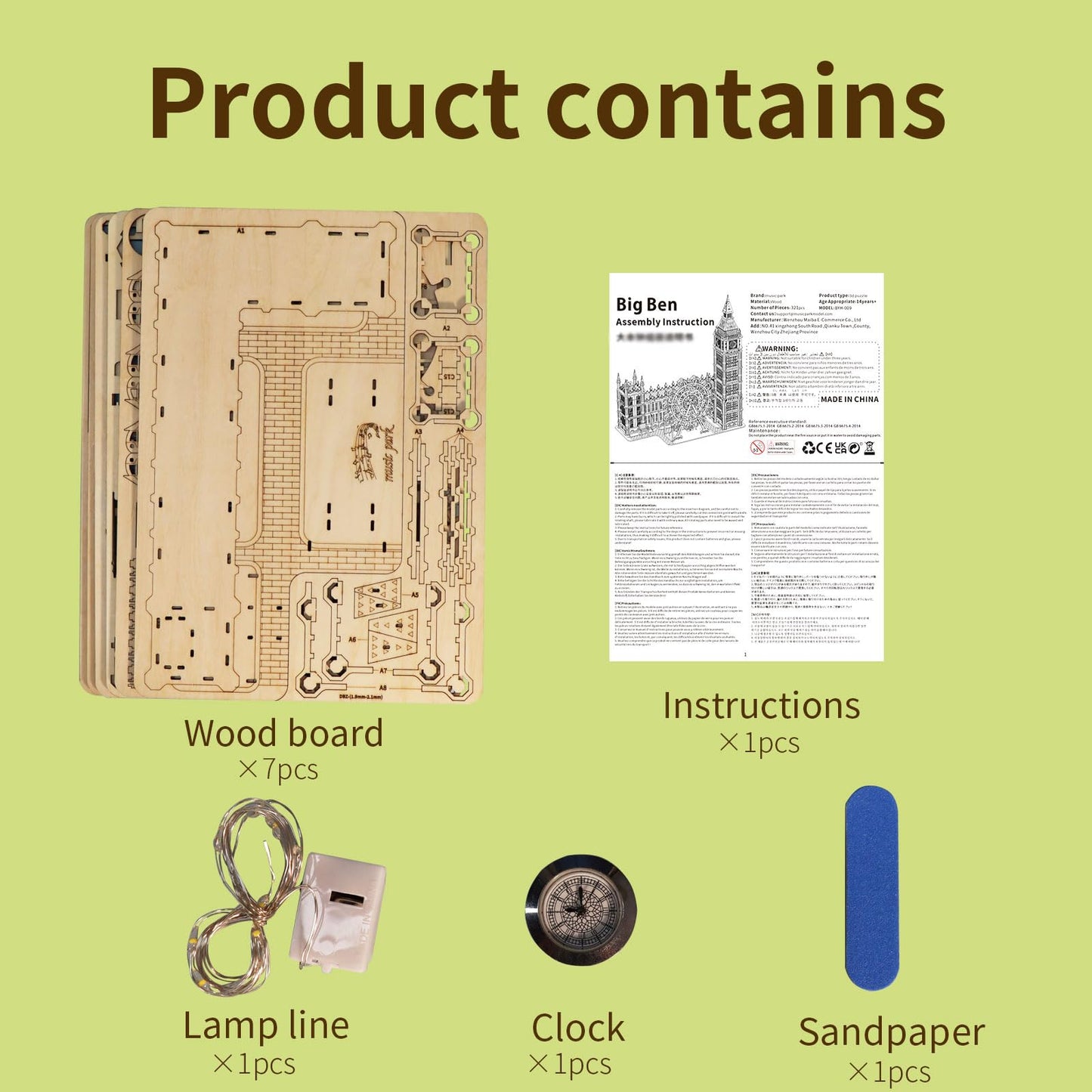 Music Park 3D Puzzles Big Ben Real Clock with Night Light Wooden Model Kits for Adults to Build Ferris Wheel Craft Christmas and Birthday Gifts Home Decoration