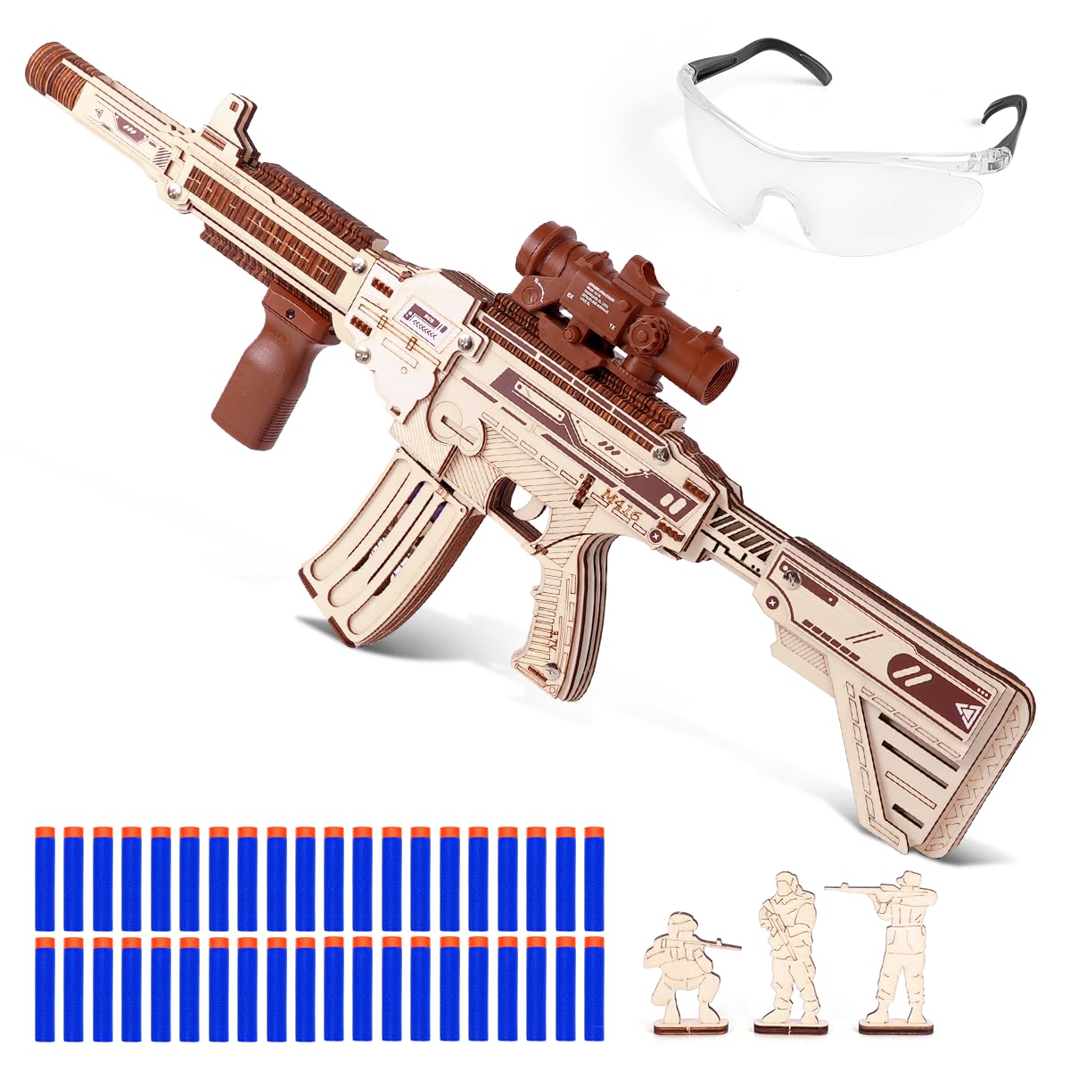 VATOS Wooden Gun Puzzles, 3D Wood Puzzles Gun for Adult with Foam Soft Bullet, Electric Wooden M416 Rifle Puzzle Toy Model, Wood Puzzle DIY Building Kits for Adult Christmas Birthday Gift