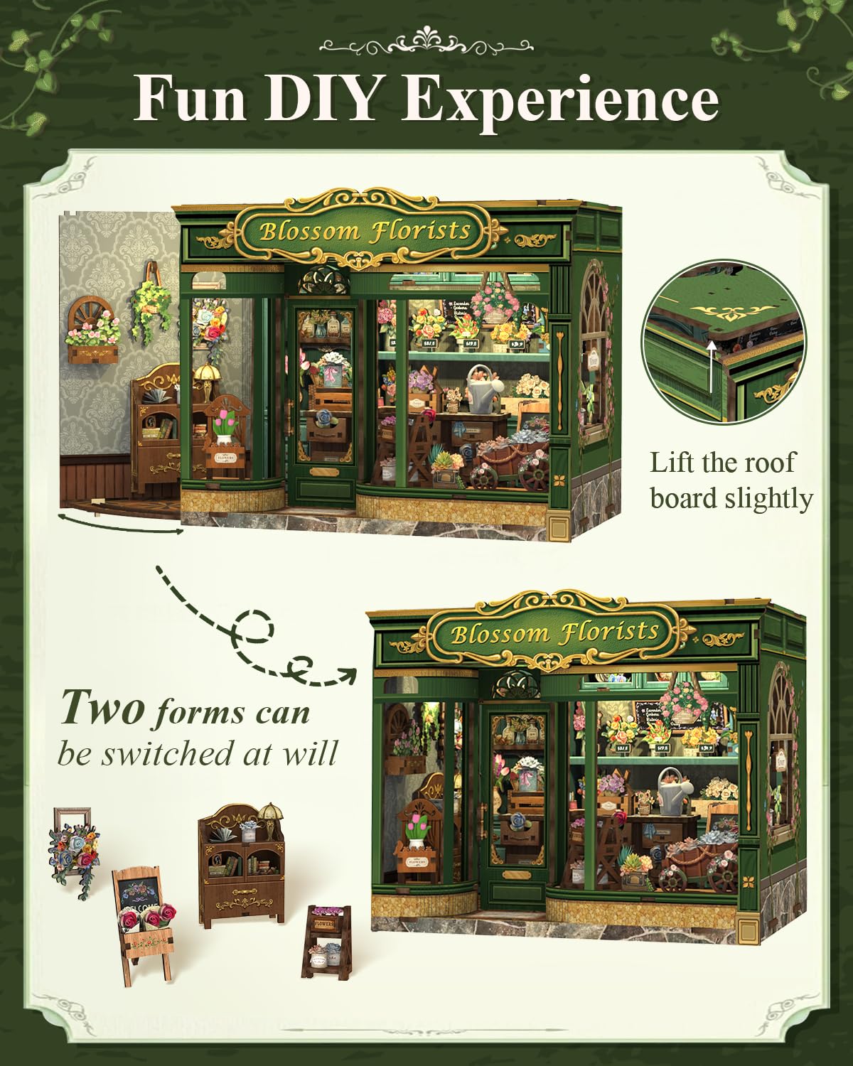 Cutefun Book Nook Kit - DIY Miniature House Dollhouse Kit, Book Nook Kits for Adults, Bookshelf Insert Bookend with LED Light for Teens and Adults (Blossom Florists)