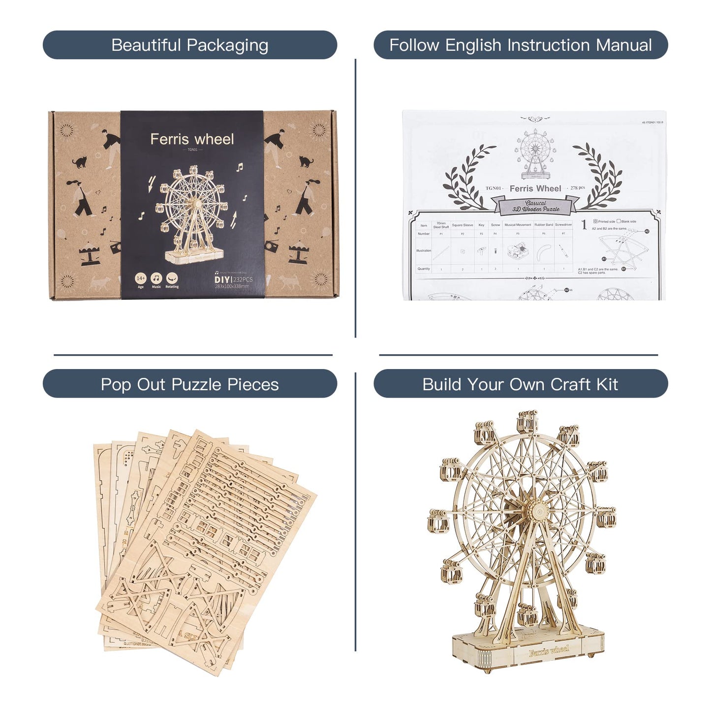 Rowood 3D Puzzles for Adults, Model Kits for Adults, Wooden Music Box,DIY Craft Kits Gifts on Birthday Christmas - Ferris Wheel (232 PCS)