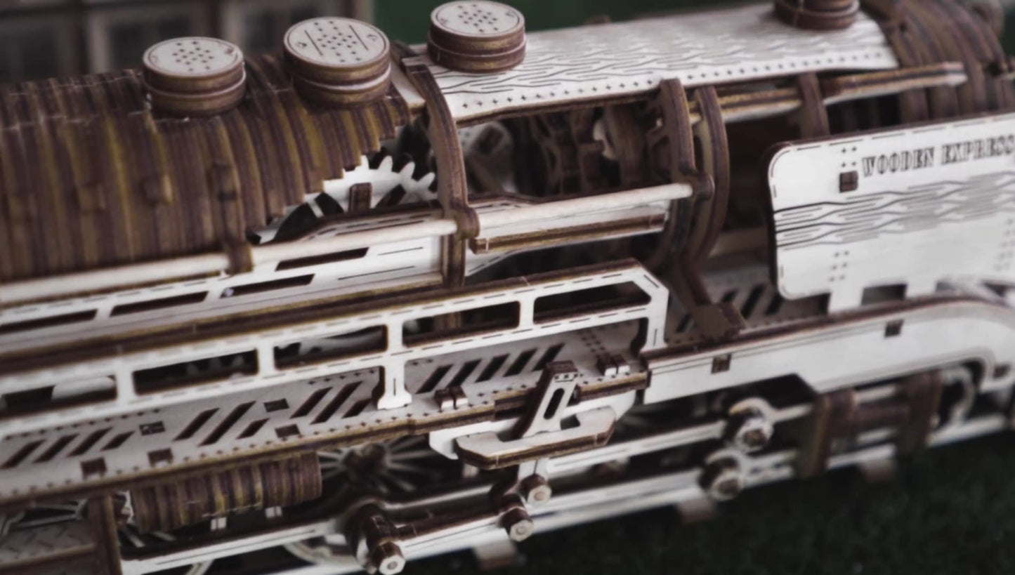 WOODEN.CITY Wooden Express with Rails 3D Wooden Puzzles for Adults – Build Your Own Express Train with Rubber‑Band Motor – Self‑Assembly Model, DIY Gift for Adults and Teens