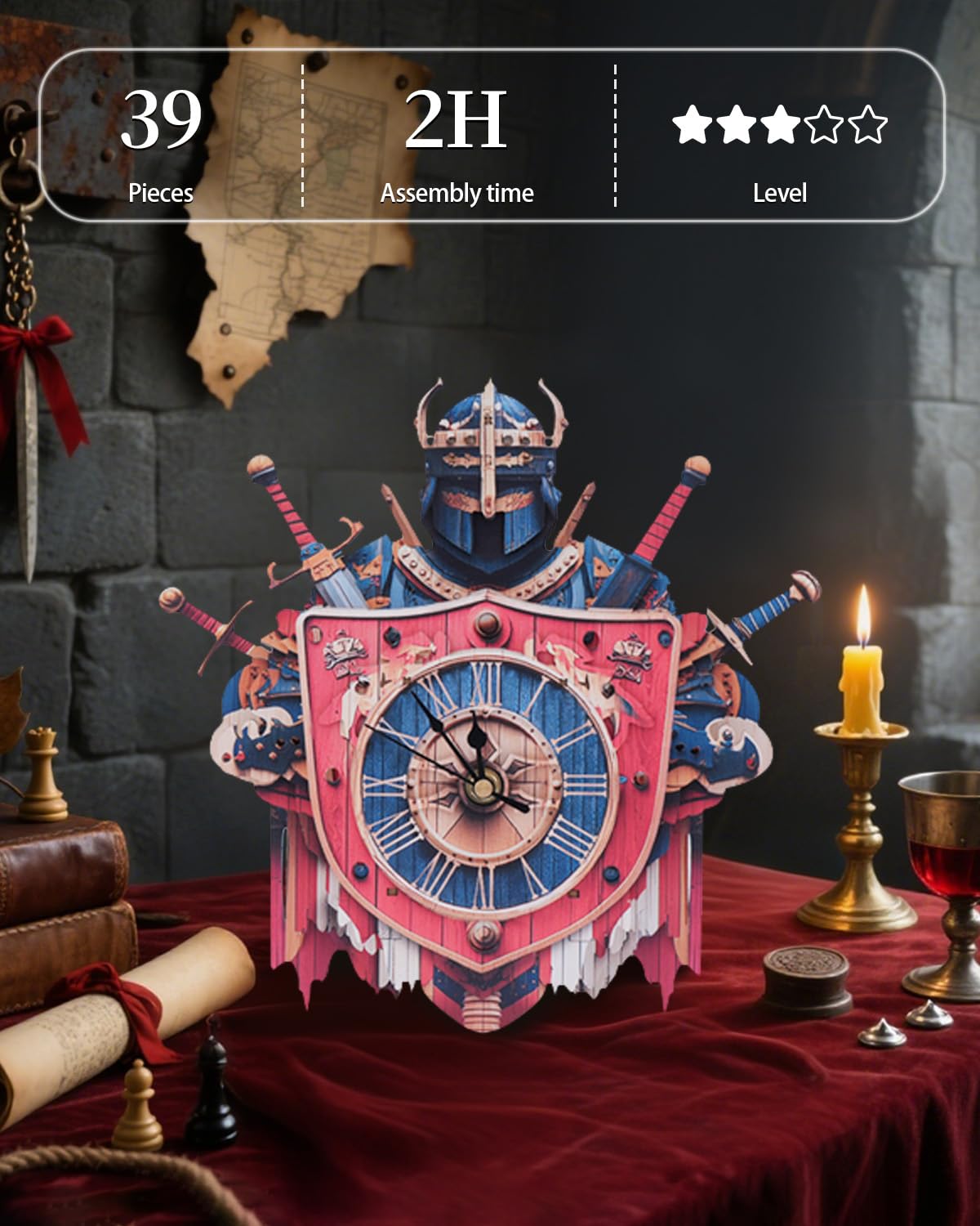 Rnfinewow 3D Wooden Puzzles for Adults, Knight Clock with Pendulum Model Kit, 3D Puzzles for Adults Room Home Decor DIY Wall Clock Kit, Holiday Birthday for Men Women Teens